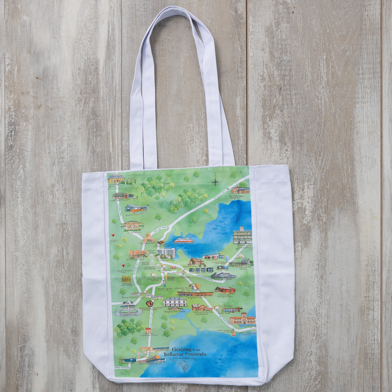 Australian Map Gifts canvas Geelong & the Bellarine Peninsula 2.0 tote bag flat lay
