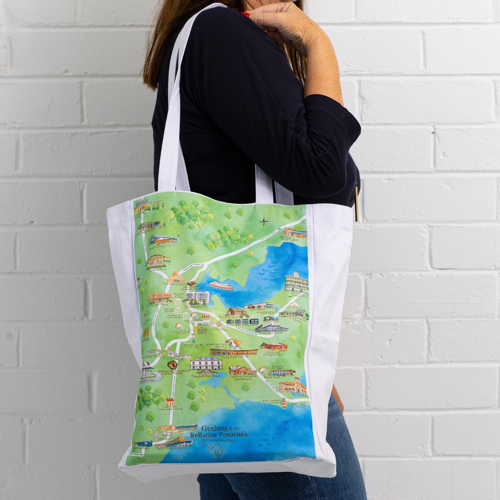 Australian Map Gifts canvas Geelong & the Bellarine Peninsula 2.0 tote bag on model