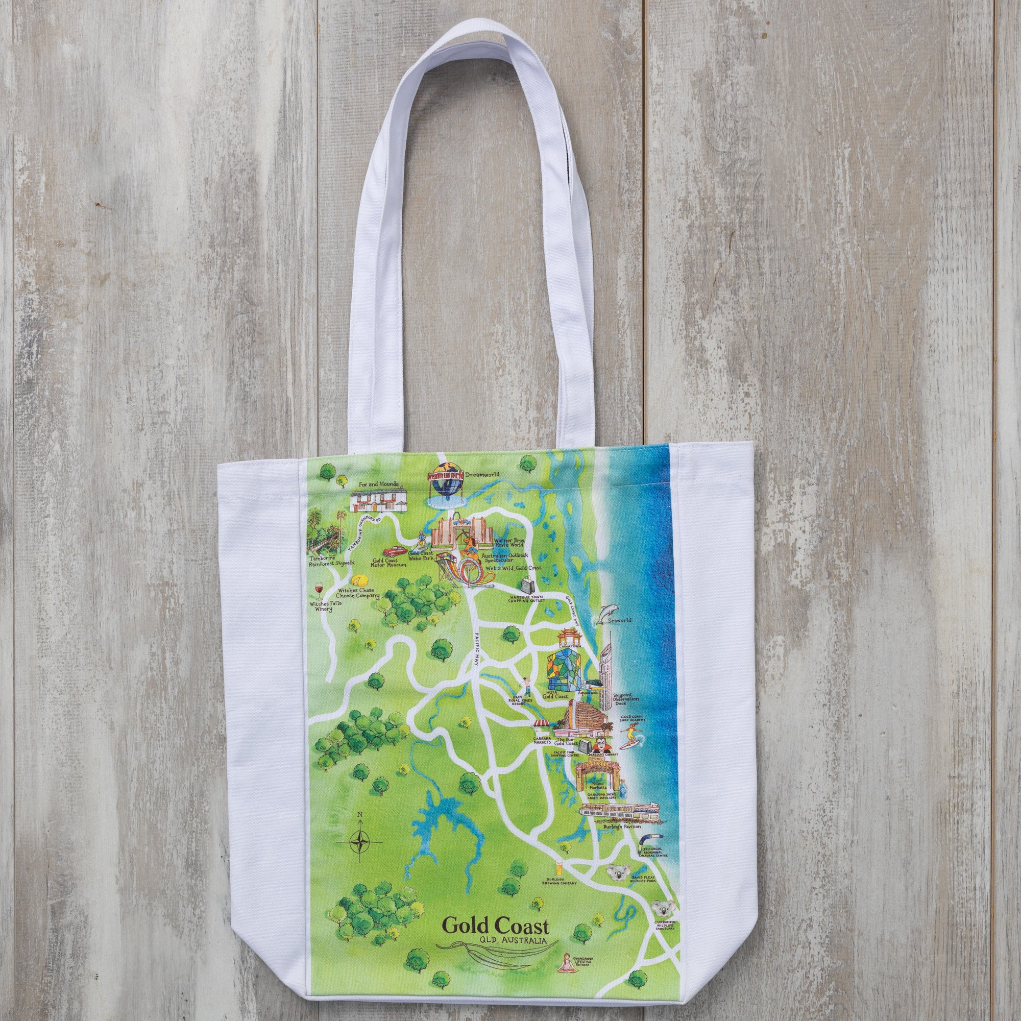 Australian Map Gifts canvas Gold Coast tote bag flat lay