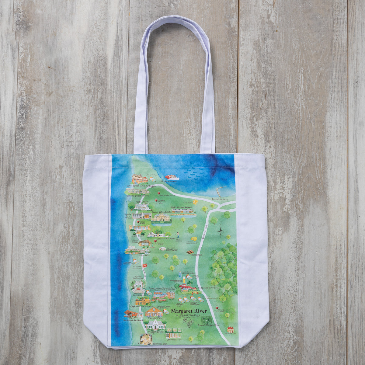 Australian Map Gifts canvas Margaret River wine region map tote bag flat lay