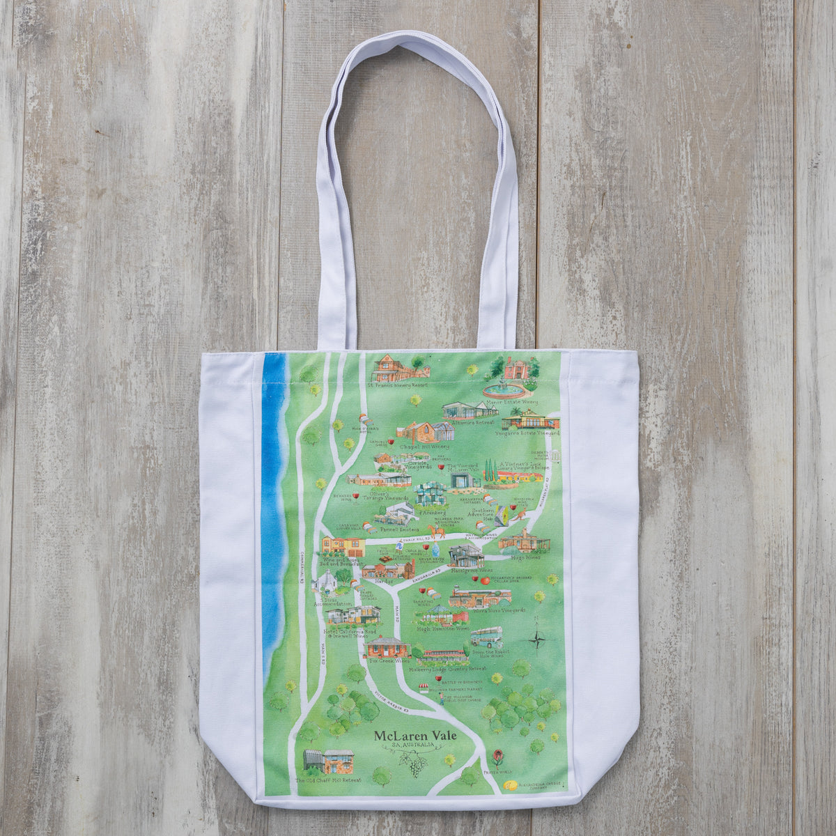 Australian Map Gifts canvas McLaren Vale wine region map tote bag flat lay