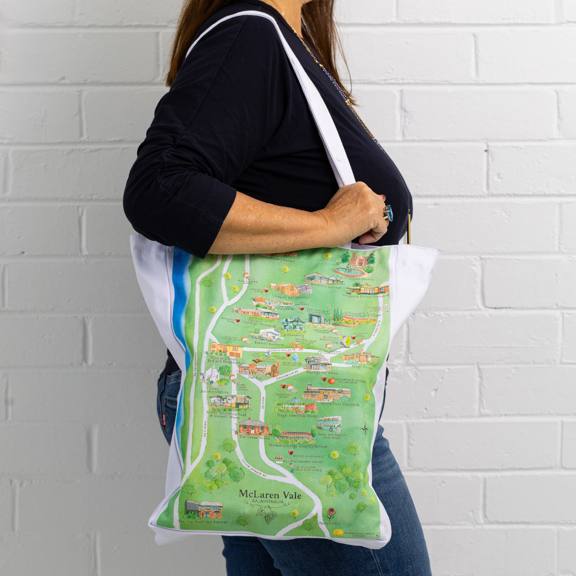 Australian Map Gifts canvas McLaren Vale wine region map tote bag on model