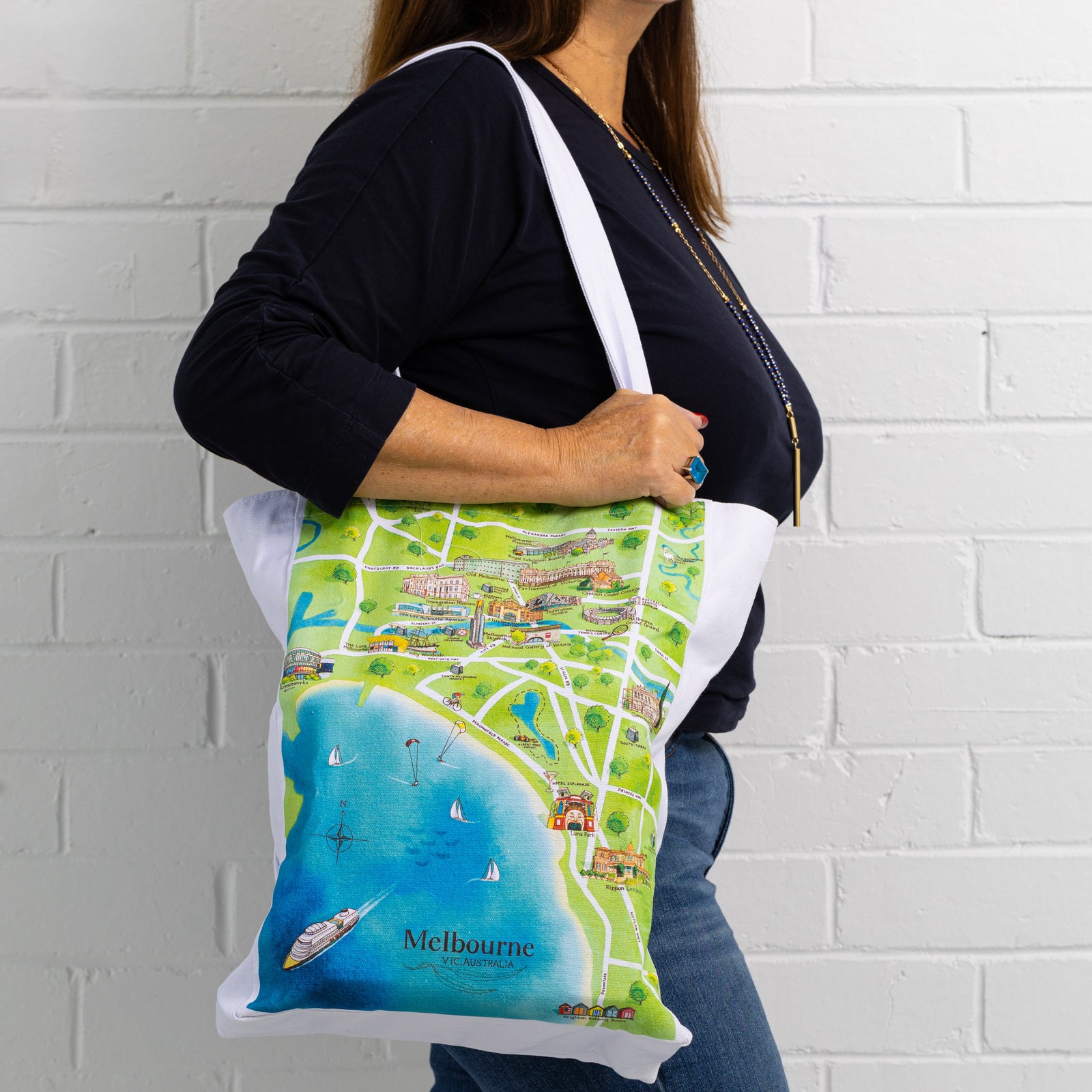 Australian Map Gifts canvas Melbourne tourist attractions map tote bag on model
