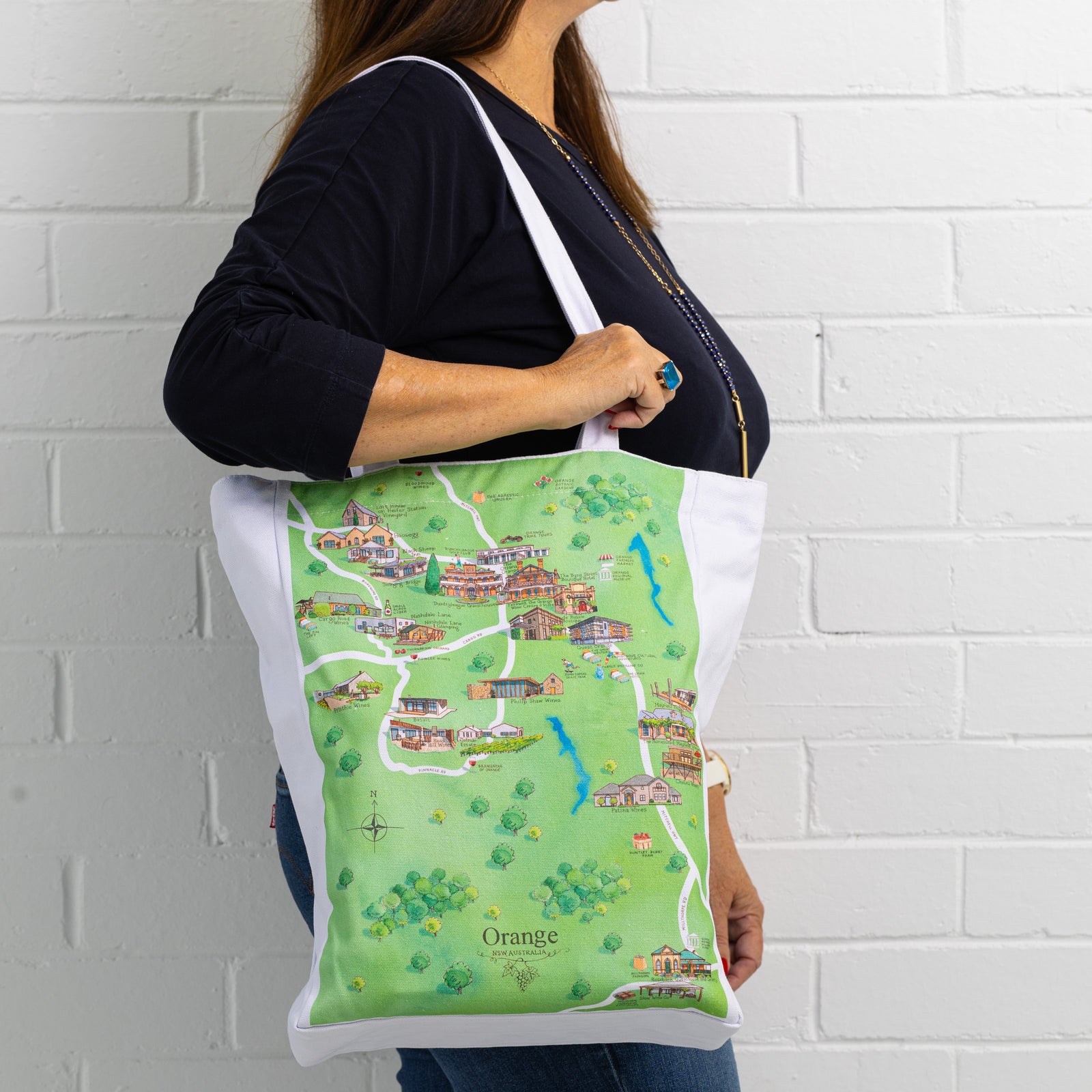 Australian Map Gifts canvas Orange wine region map tote bag on model