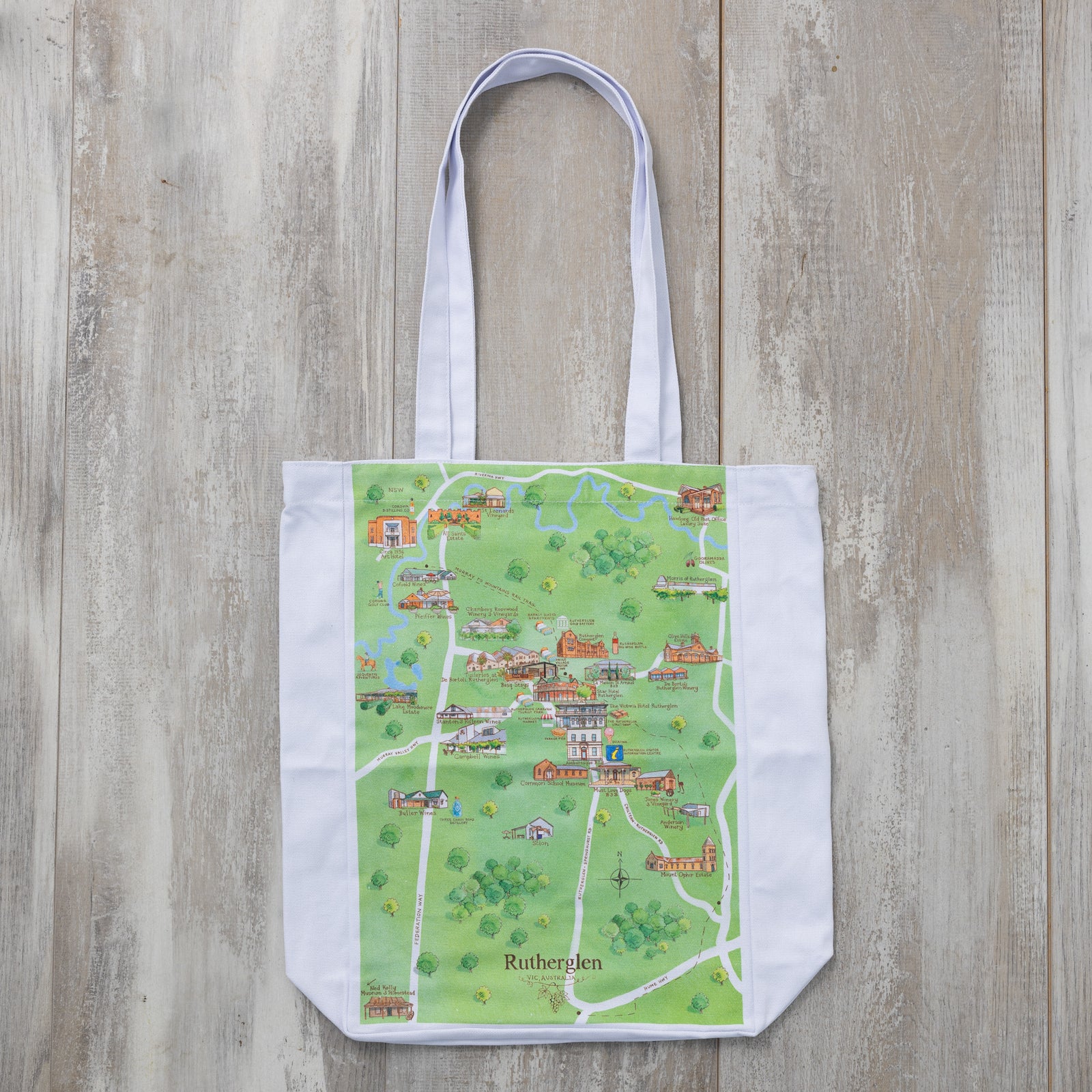Australian Map Gifts canvas Rutherglen 2.0 wine region map tote bag flat lay