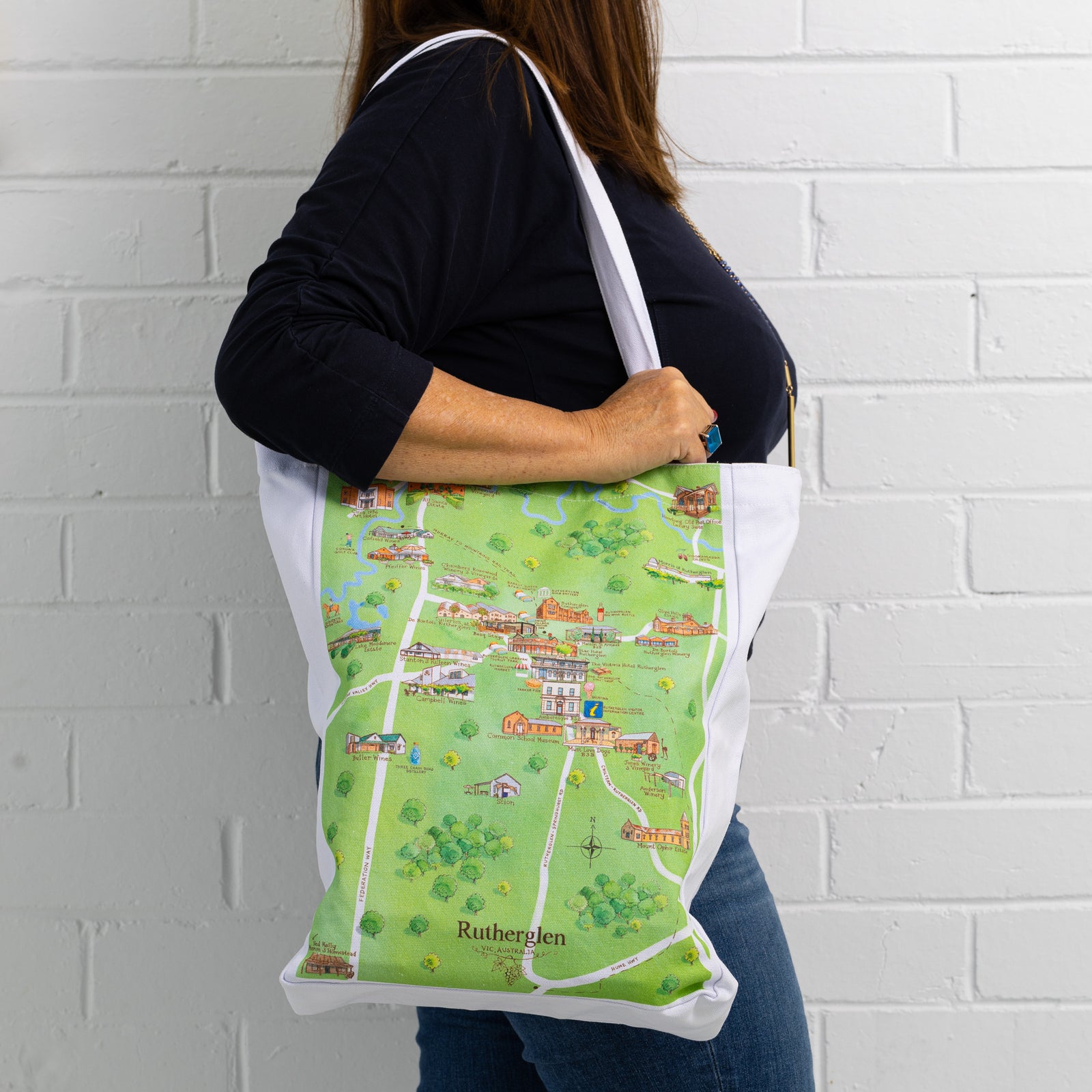 Australian Map Gifts canvas Rutherglen 2.0 wine region map tote bag on model