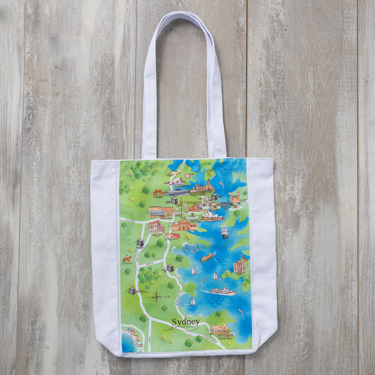Australian Map Gifts canvas Sydney tourist attractions tote bag flat lay