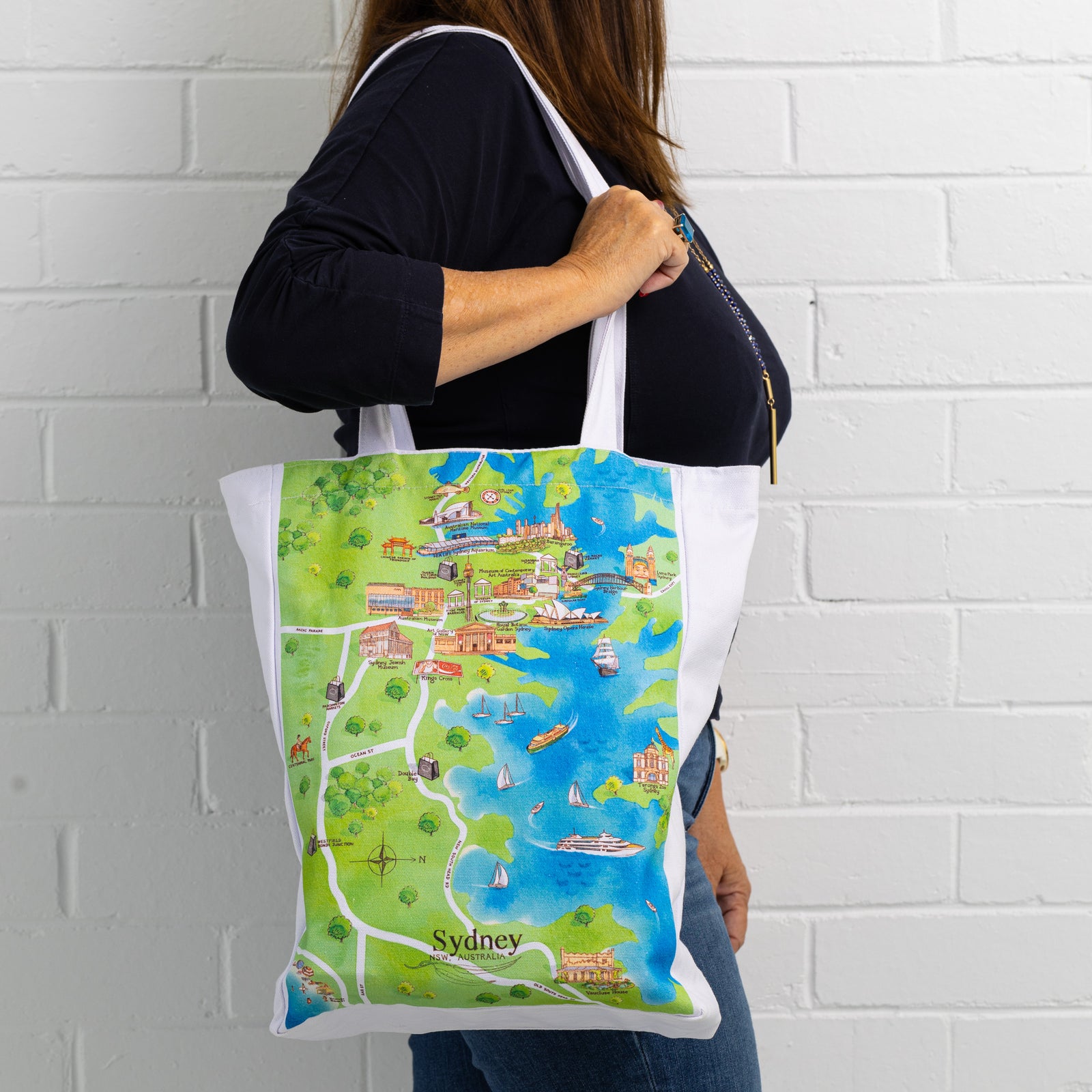 Australian Map Gifts canvas Sydney tourist attractions tote bag on model