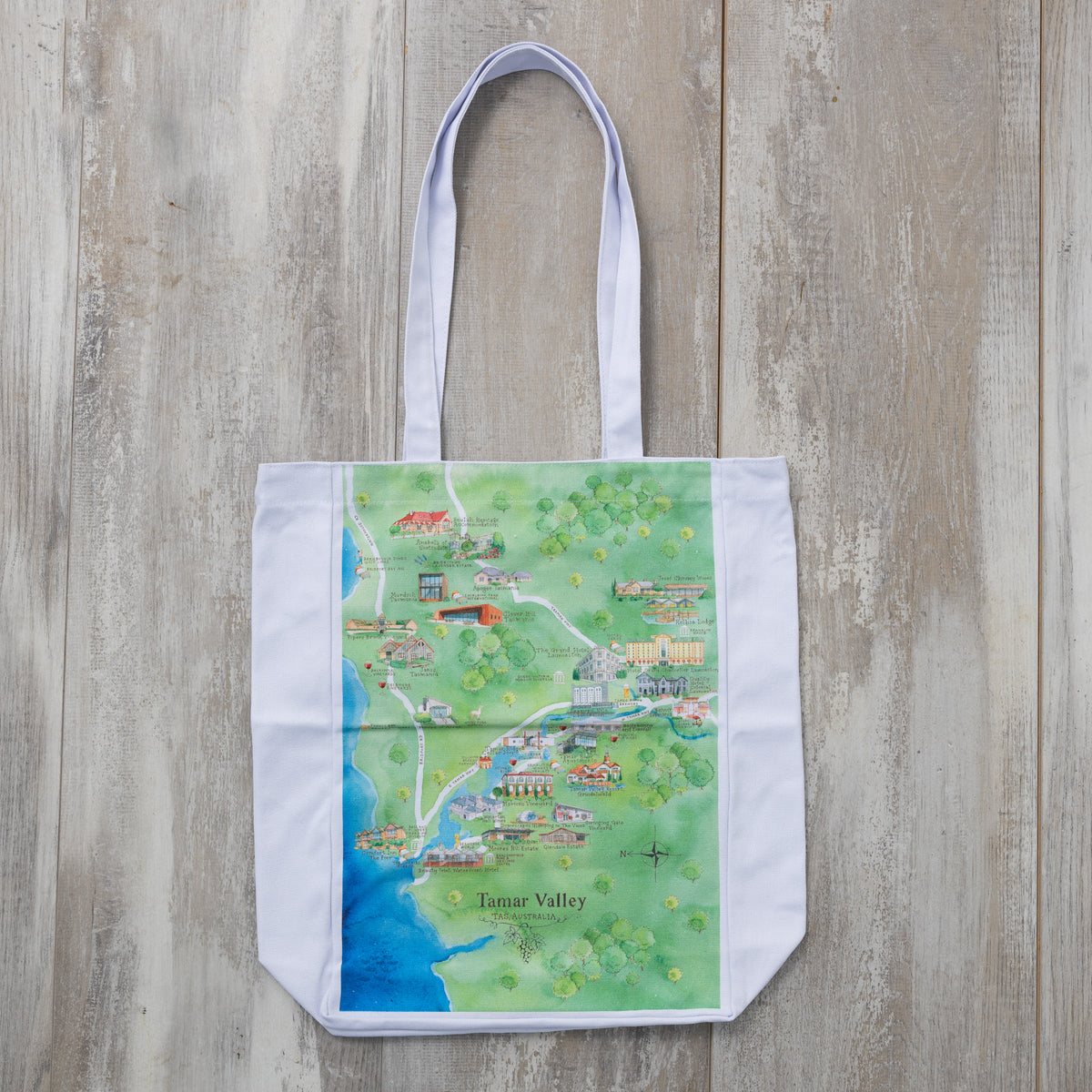 Australian Map Gifts canvas Tamar Valley wine region map tote bag flat lay