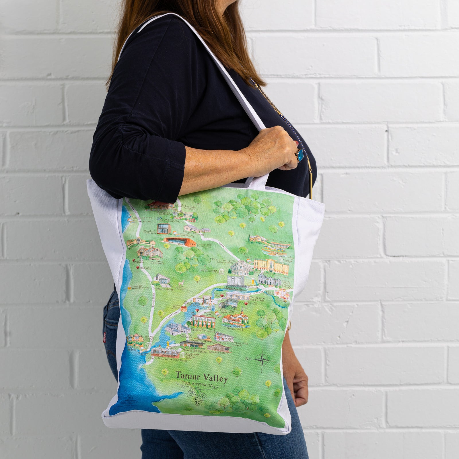 Australian Map Gifts canvas Tamar Valley wine region map tote bag on model