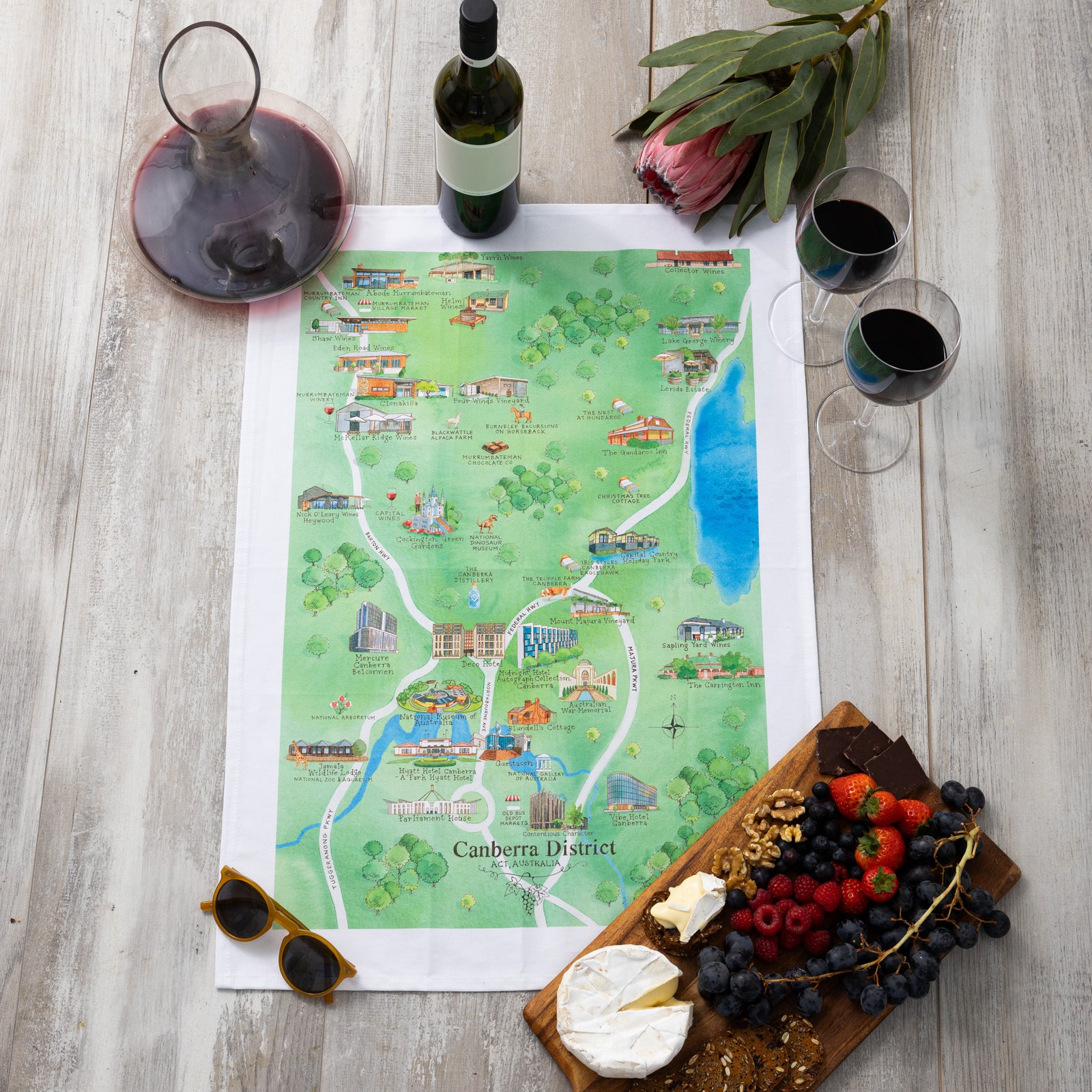 Australian Map Gifts cotton Canberra District 2.0 tea towel styled high res