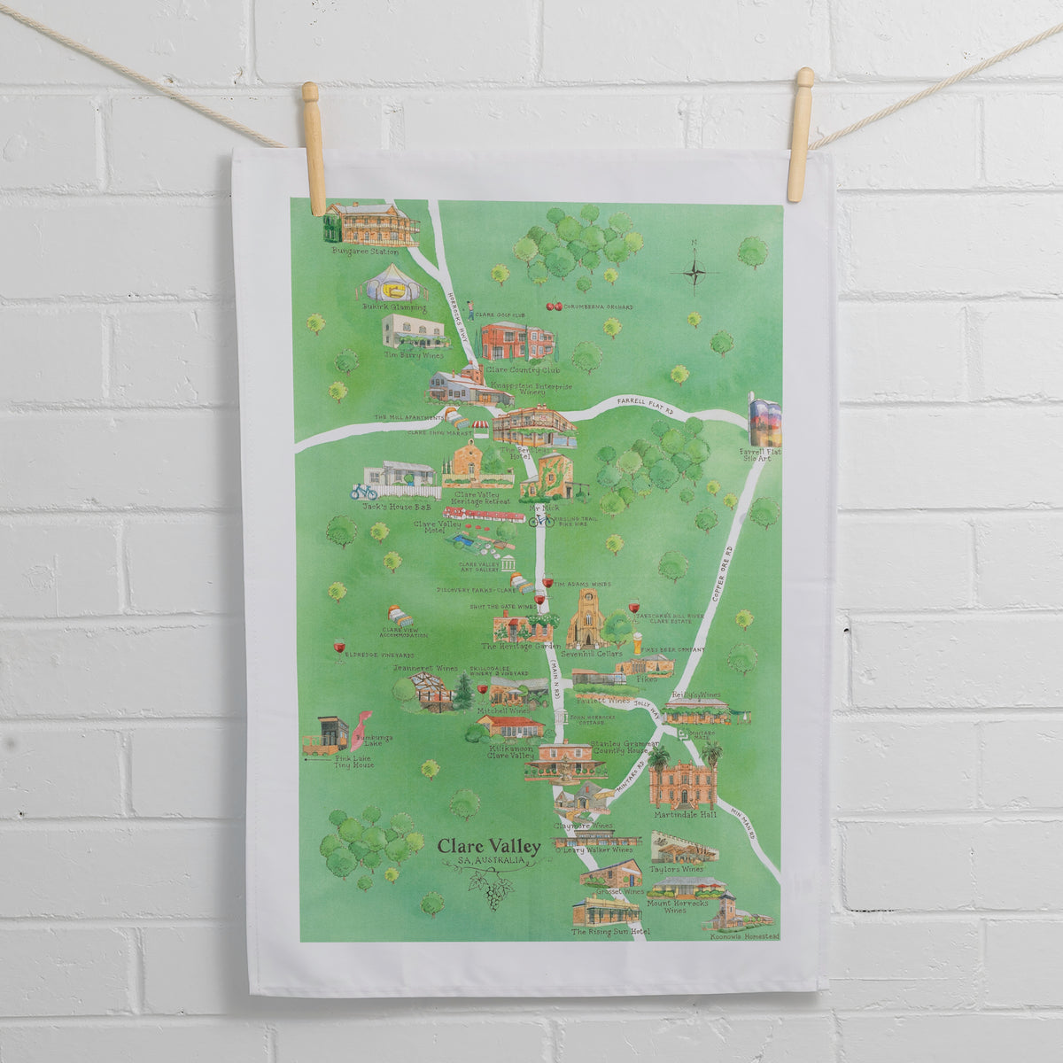 Australian Map Gifts cotton Clare Valley 2.0 wine region map tea towel on wall