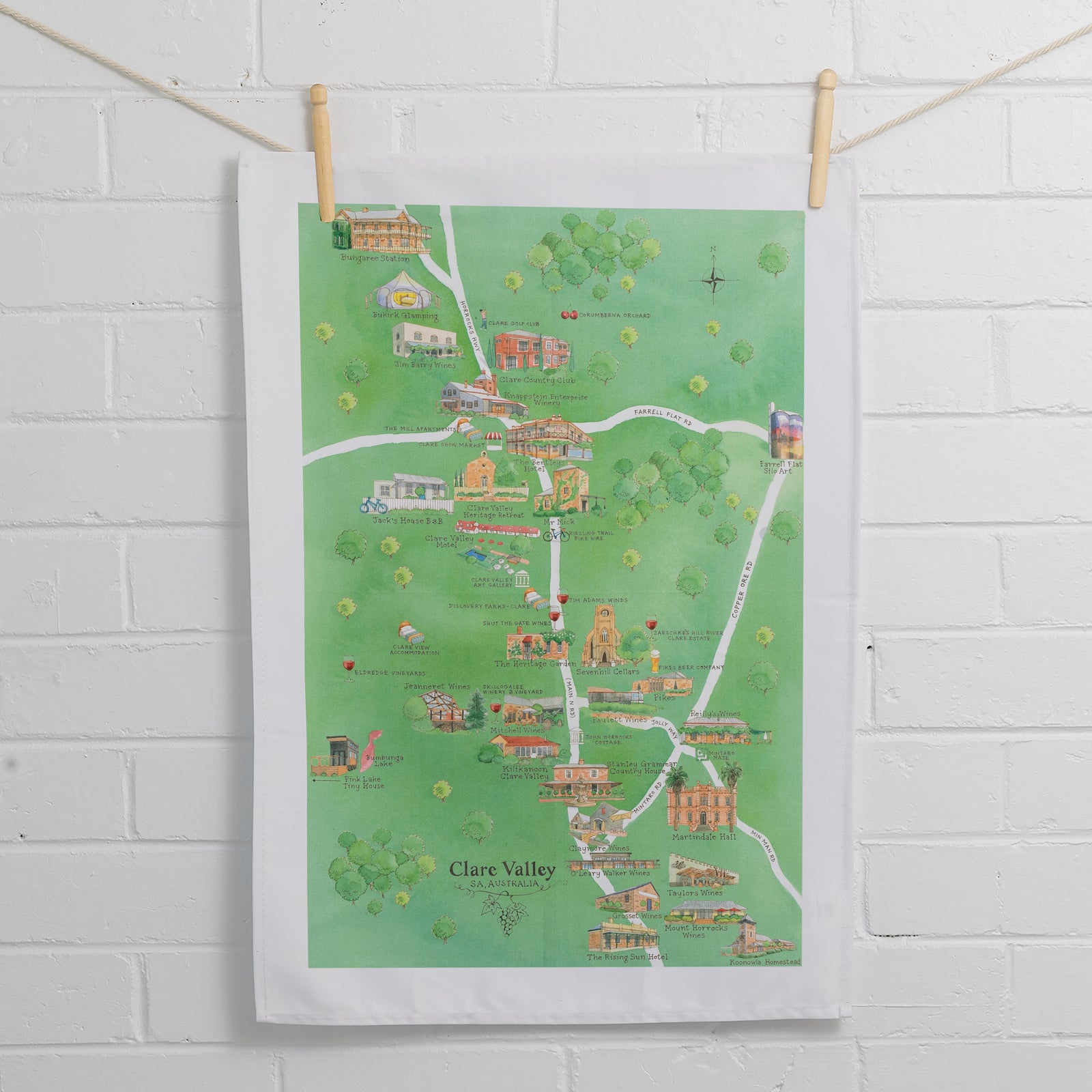 Australian Map Gifts cotton Clare Valley 2.0 wine region map tea towel on wall