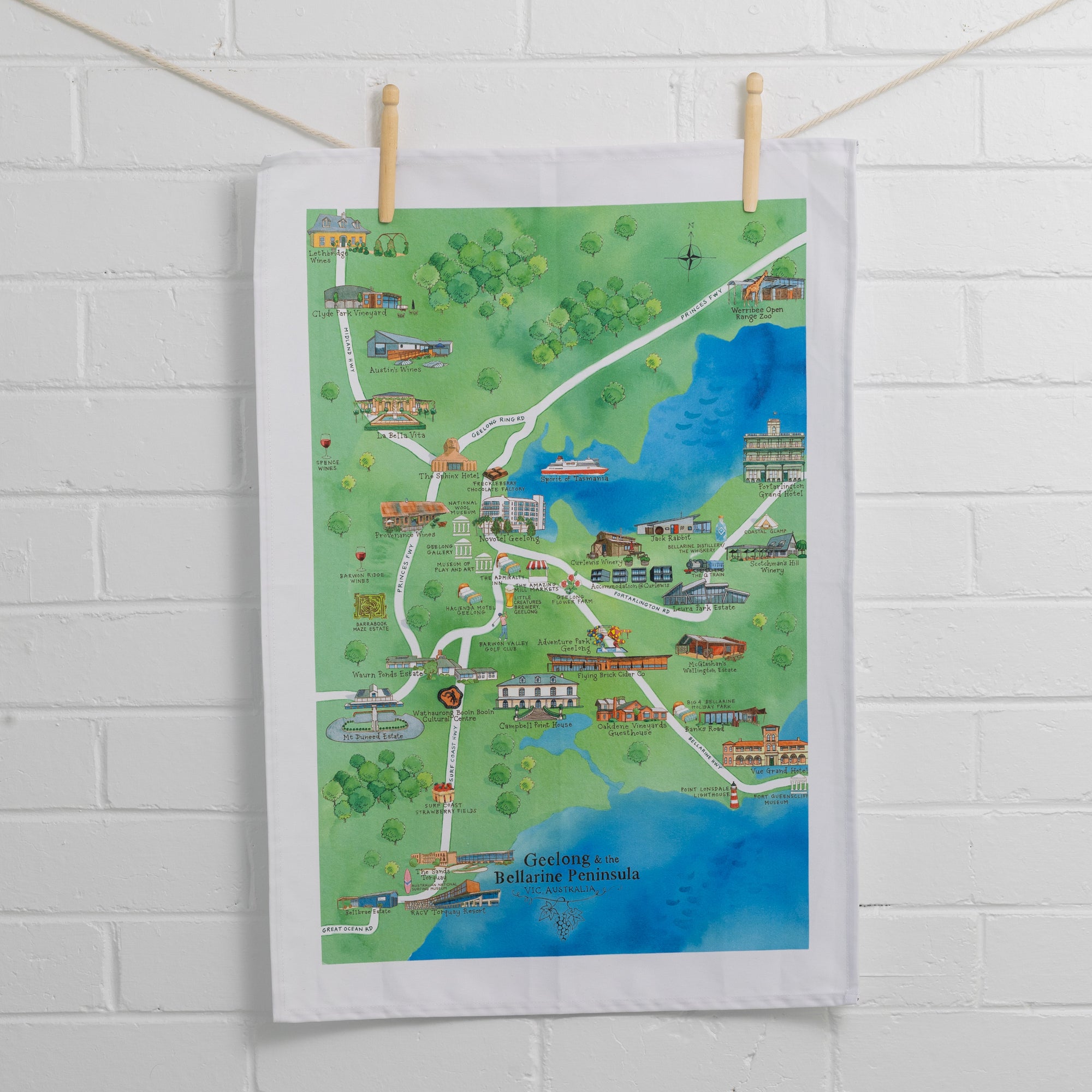 Australian Map Gifts cotton Geelong & the Bellarine Peninsula 2.0 tea towel on wall