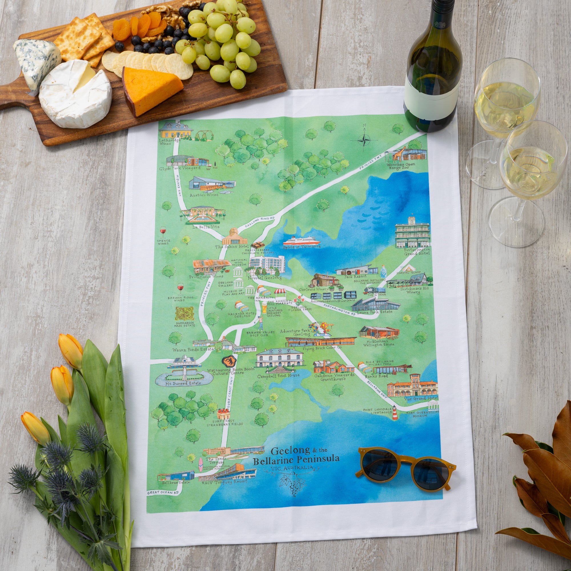 Australian Map Gifts cotton Geelong & the Bellarine Peninsula 2.0 tea towel styled