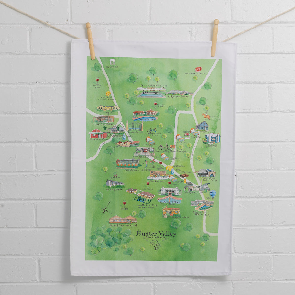 Australian Map Gifts cotton Hunter Valley  wine region map 3.0  tea towel on wall