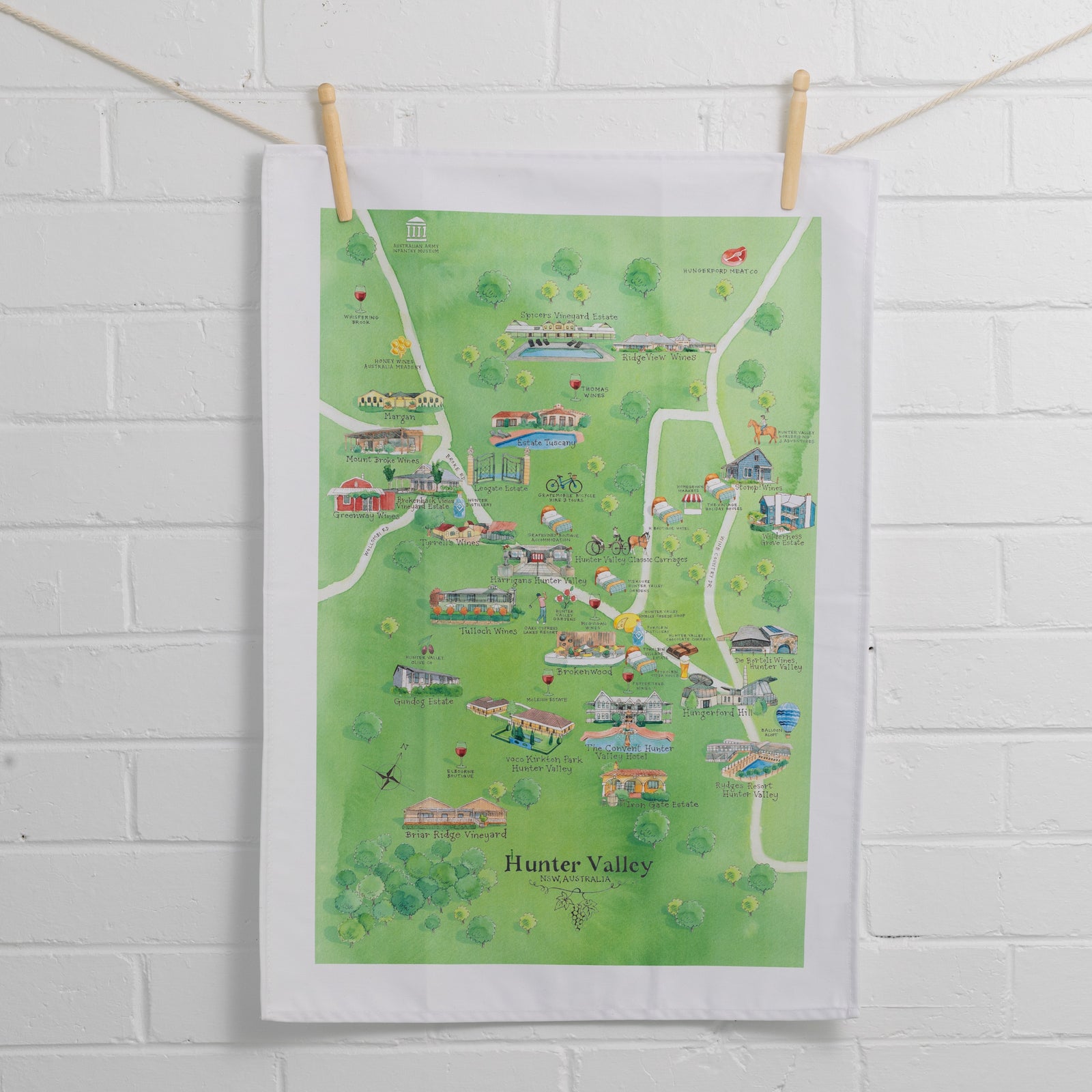 Australian Map Gifts cotton Hunter Valley  wine region map 3.0  tea towel on wall