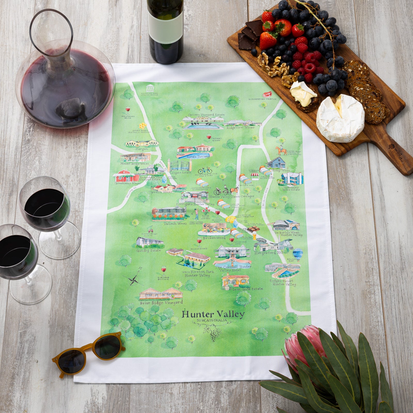 Australian Map Gifts cotton Hunter Valley  wine region map 3.0  tea towel styled