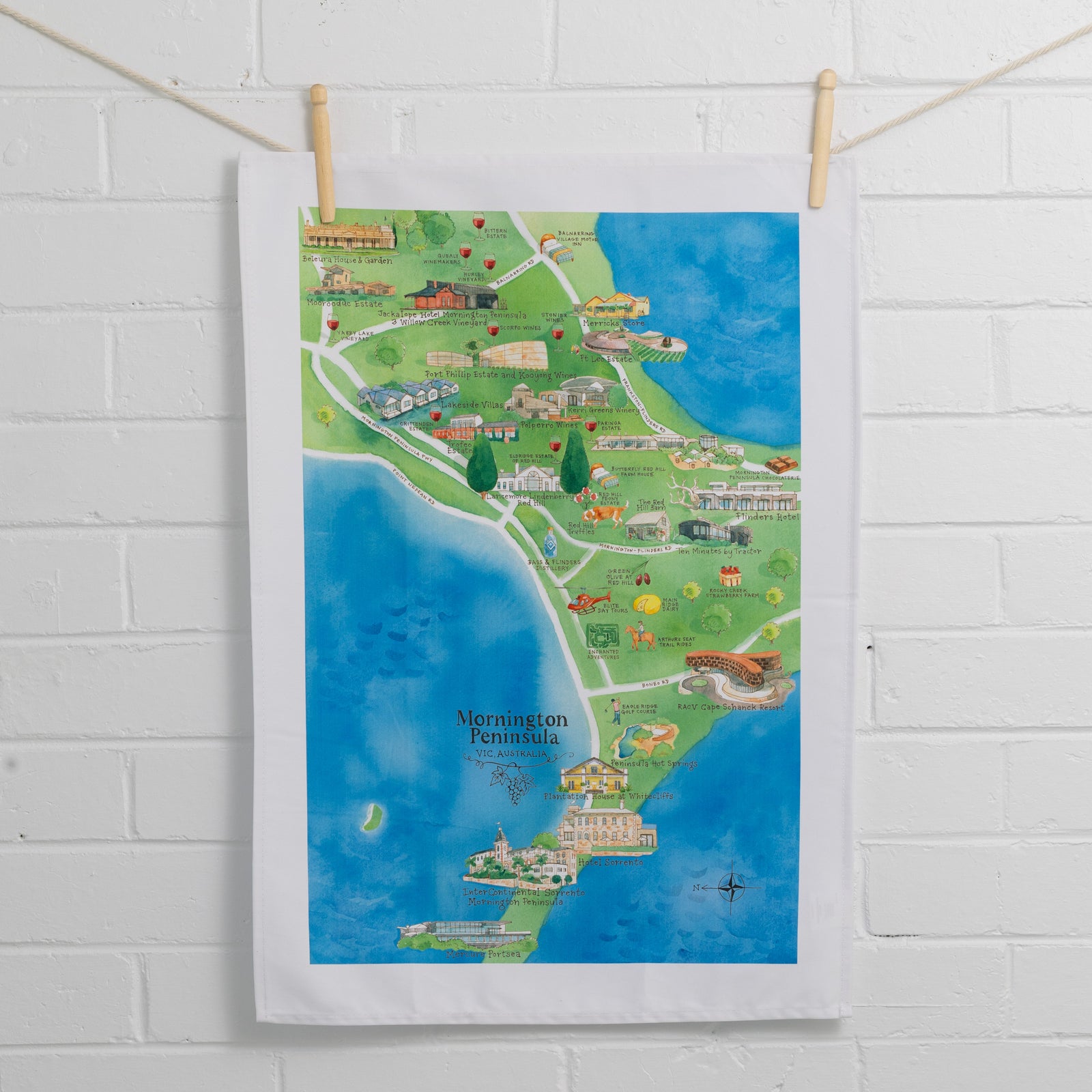 Australian Map Gifts cotton Mornington Peninsula 3.0 wine region map tea towel on wall