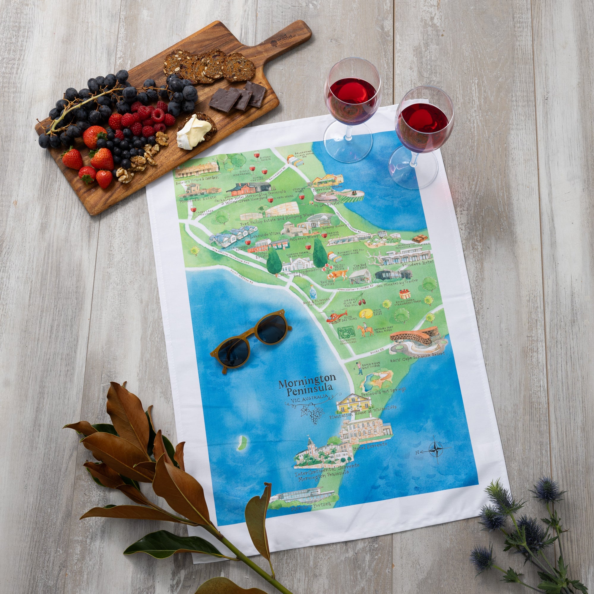 Australian Map Gifts cotton Mornington Peninsula 3.0 wine region map tea towel styled