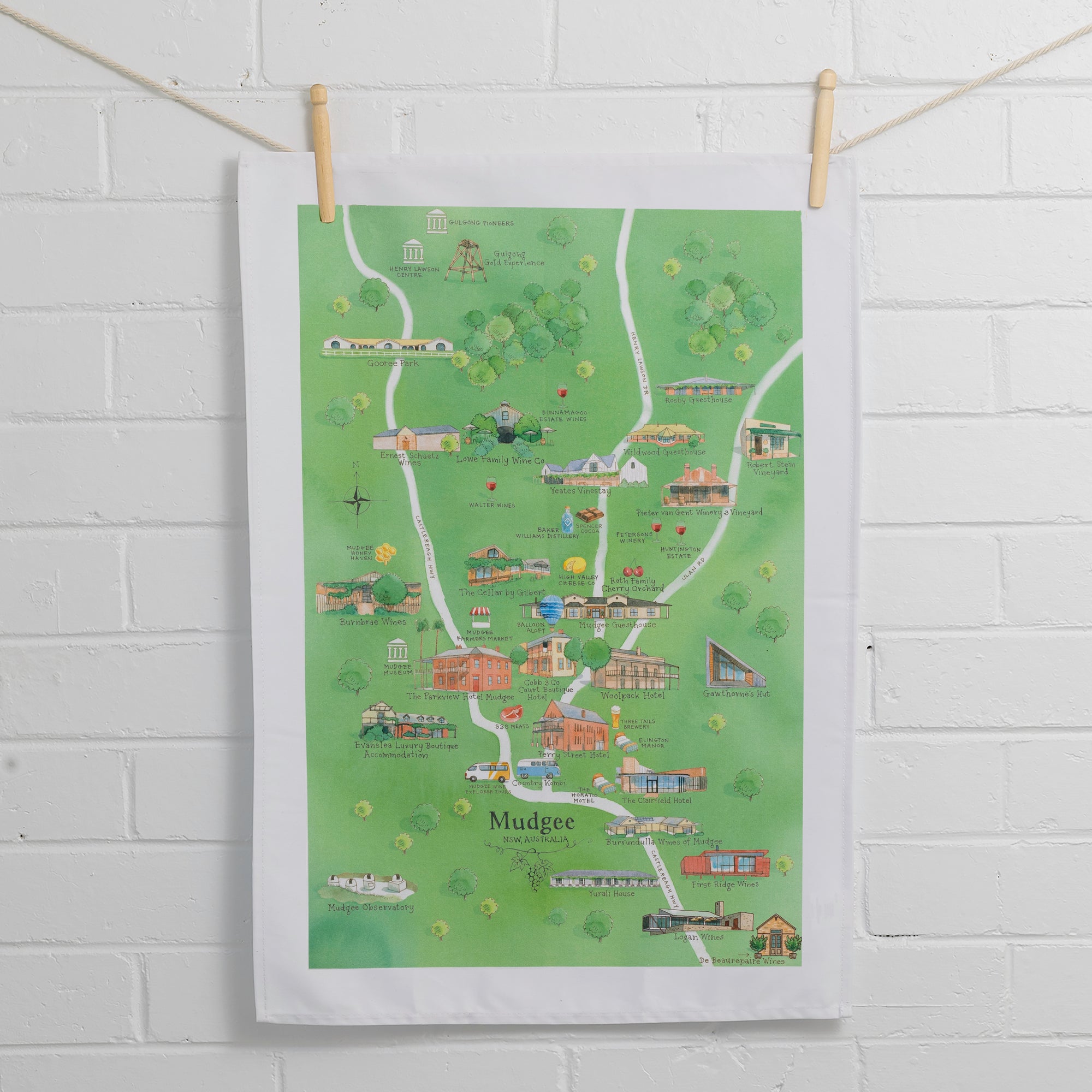 Australian Map Gifts cotton Mudgee 3.0 wine region map tea towel on wall