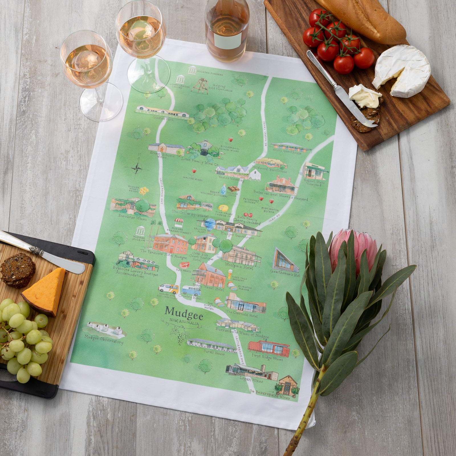 Australian Map Gifts cotton Mudgee 3.0 wine region map tea towel styled