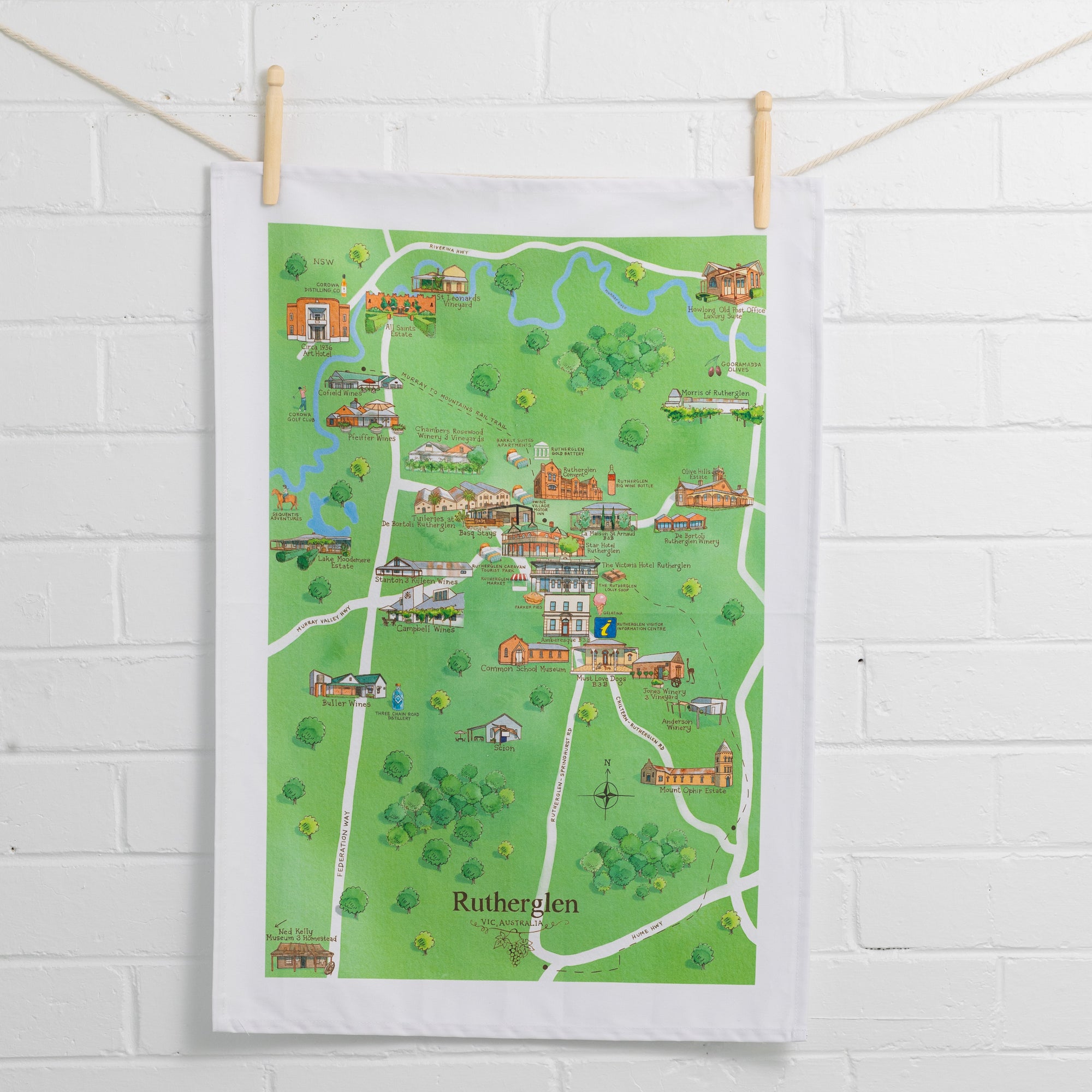 Australian Map Gifts cotton Rutherglen wine region map tea towel on wall