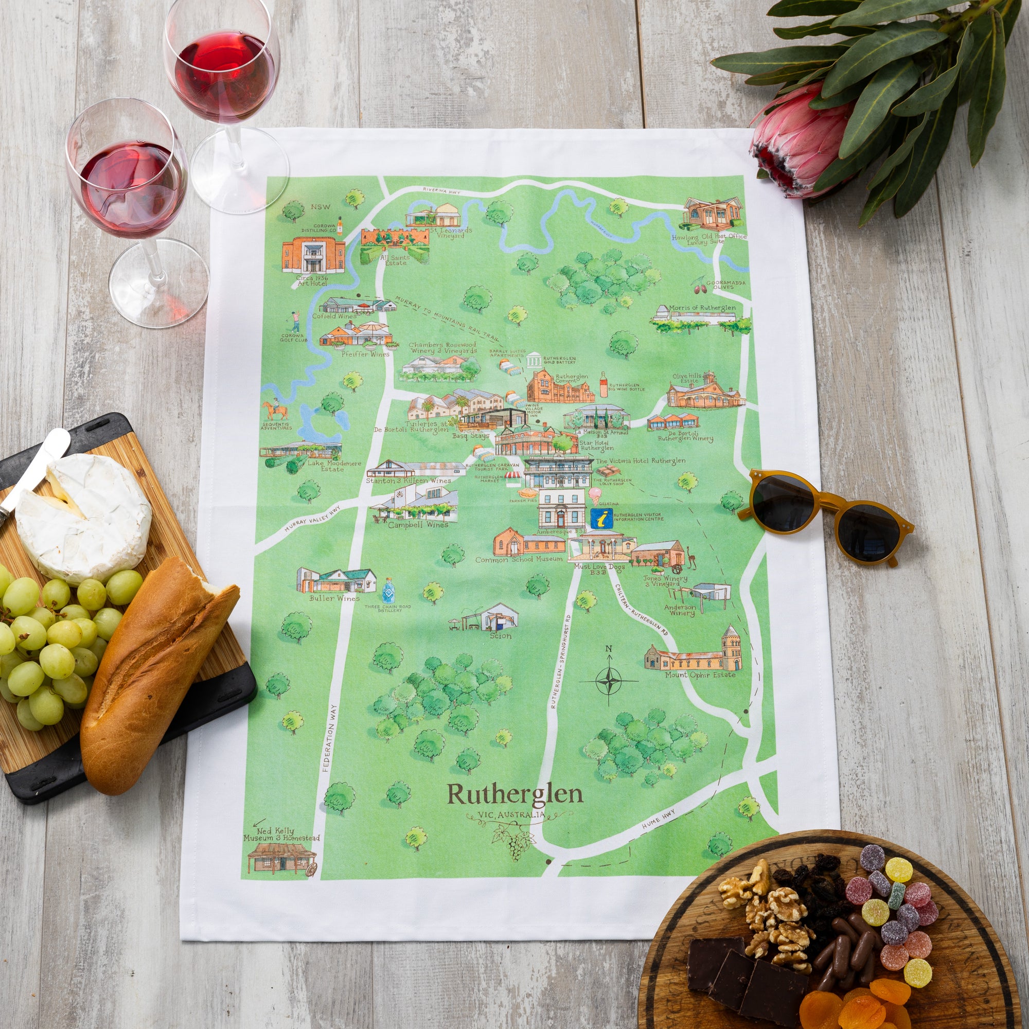 Australian Map Gifts cotton Rutherglen wine region map tea towel styled