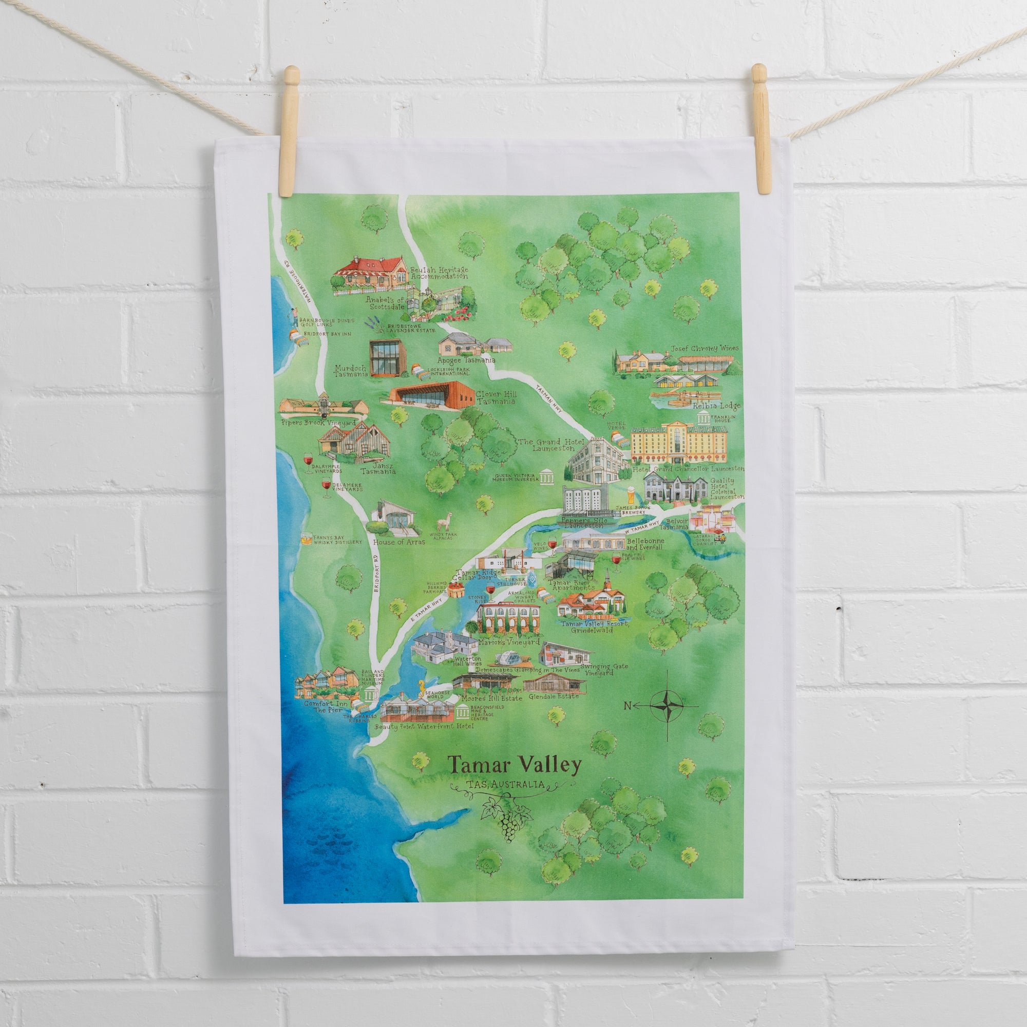 Australian Map Gifts cotton Tamar Valley 2.0 wine region map tea towel on wall
