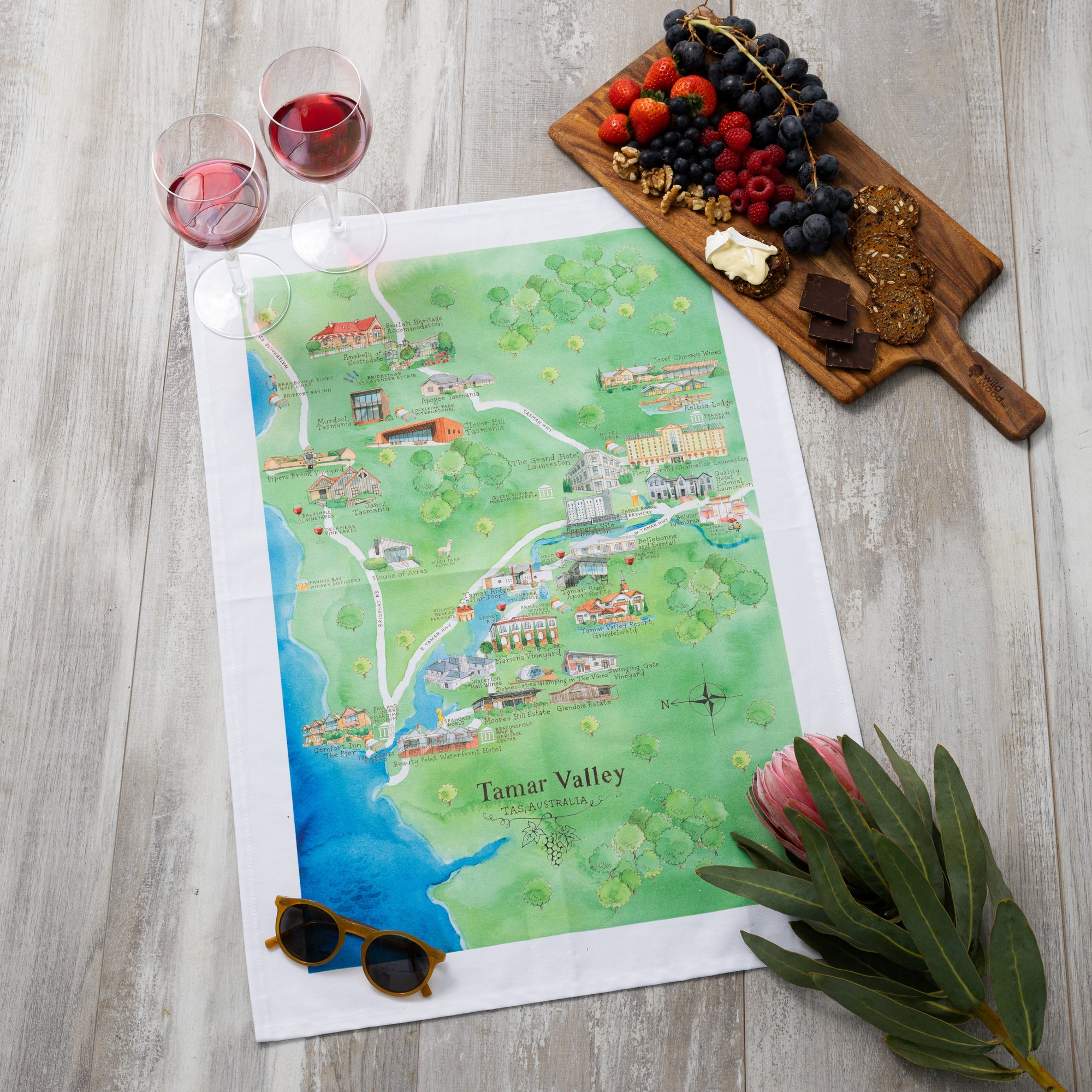 Australian Map Gifts cotton Tamar Valley 2.0 wine region map tea towel styled