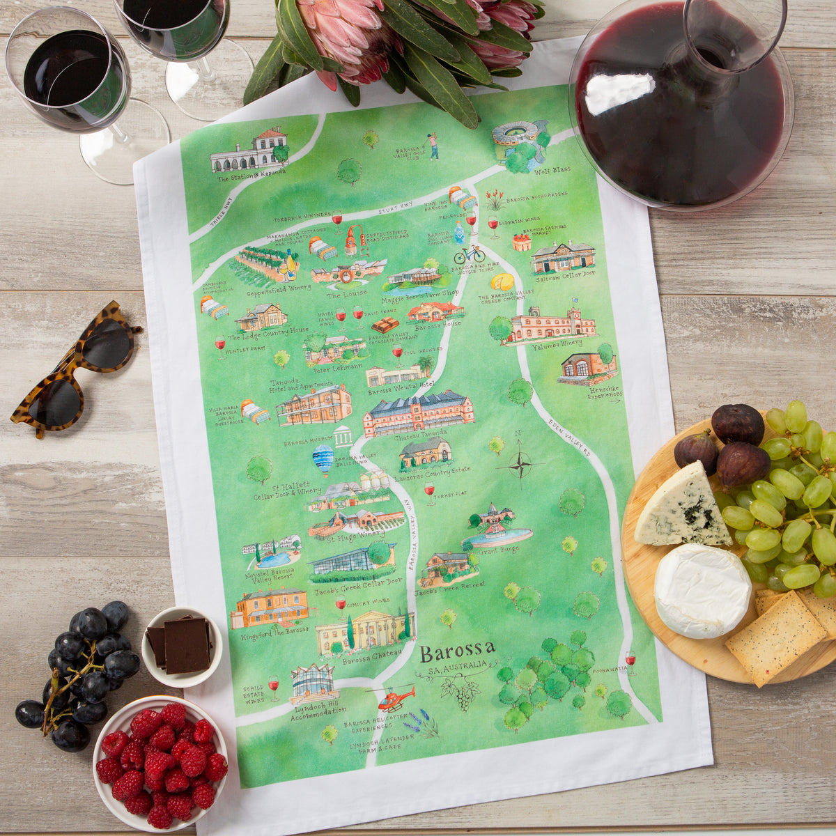 Australian Map Gifts Barossa wine region map tea towel styled