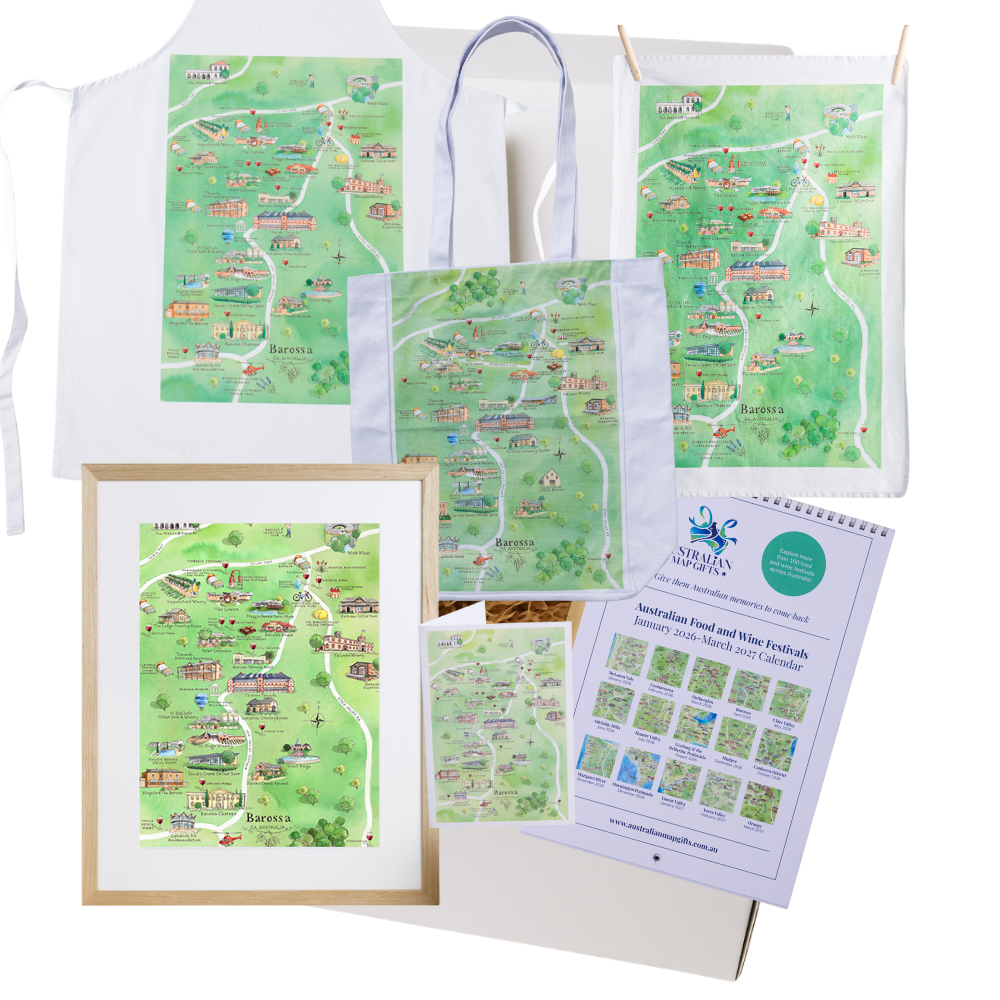 Barossa DIY gift box with apron, tea towel, A4 print, greeting card, tote bag and Australian Food & Wine Festivals Calendar