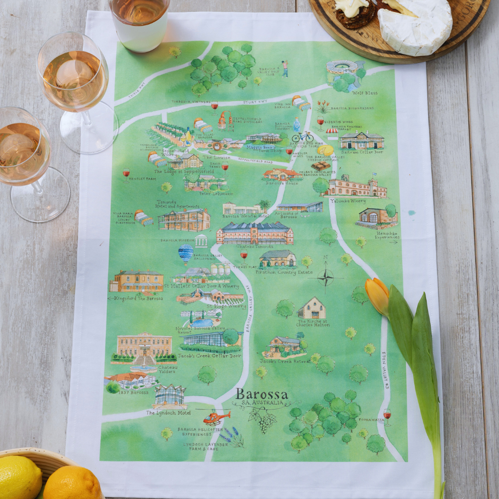 Australian Map Gifts cotton Barossa wine region map tea towel styled