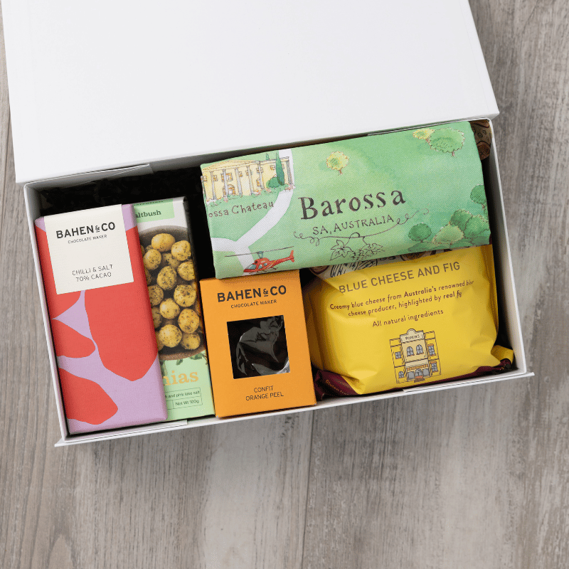 Gourmet popcorn, artisanal chocolate, hand-roasted macadamias, plus a watercolour-illustrated map cotton tea towel of the Barossa and matching greeting card in a gift hamper with free delivery