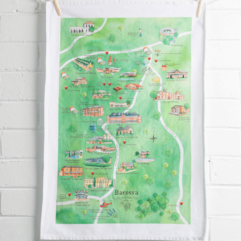 Palatable Tea Towels Barossa map wine region tea towel suspended against brick wall