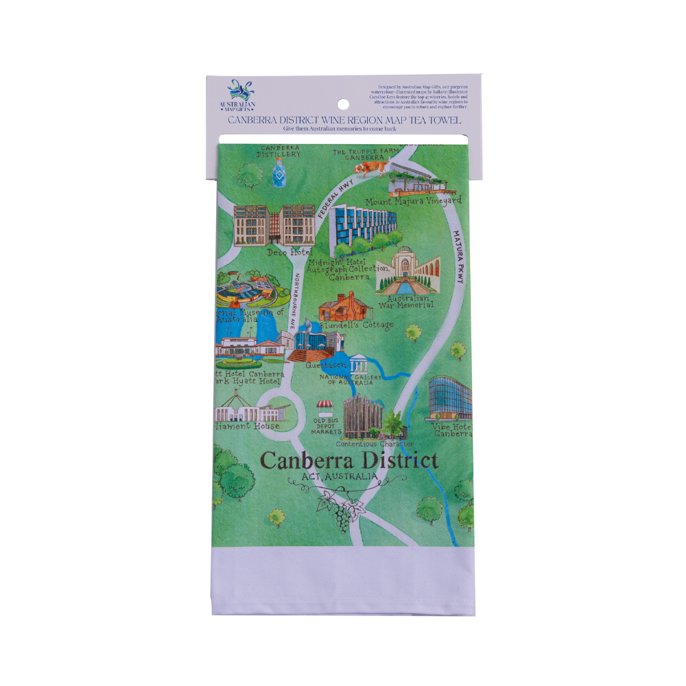 Canberra District 2.0 tea towel header tag deep etch