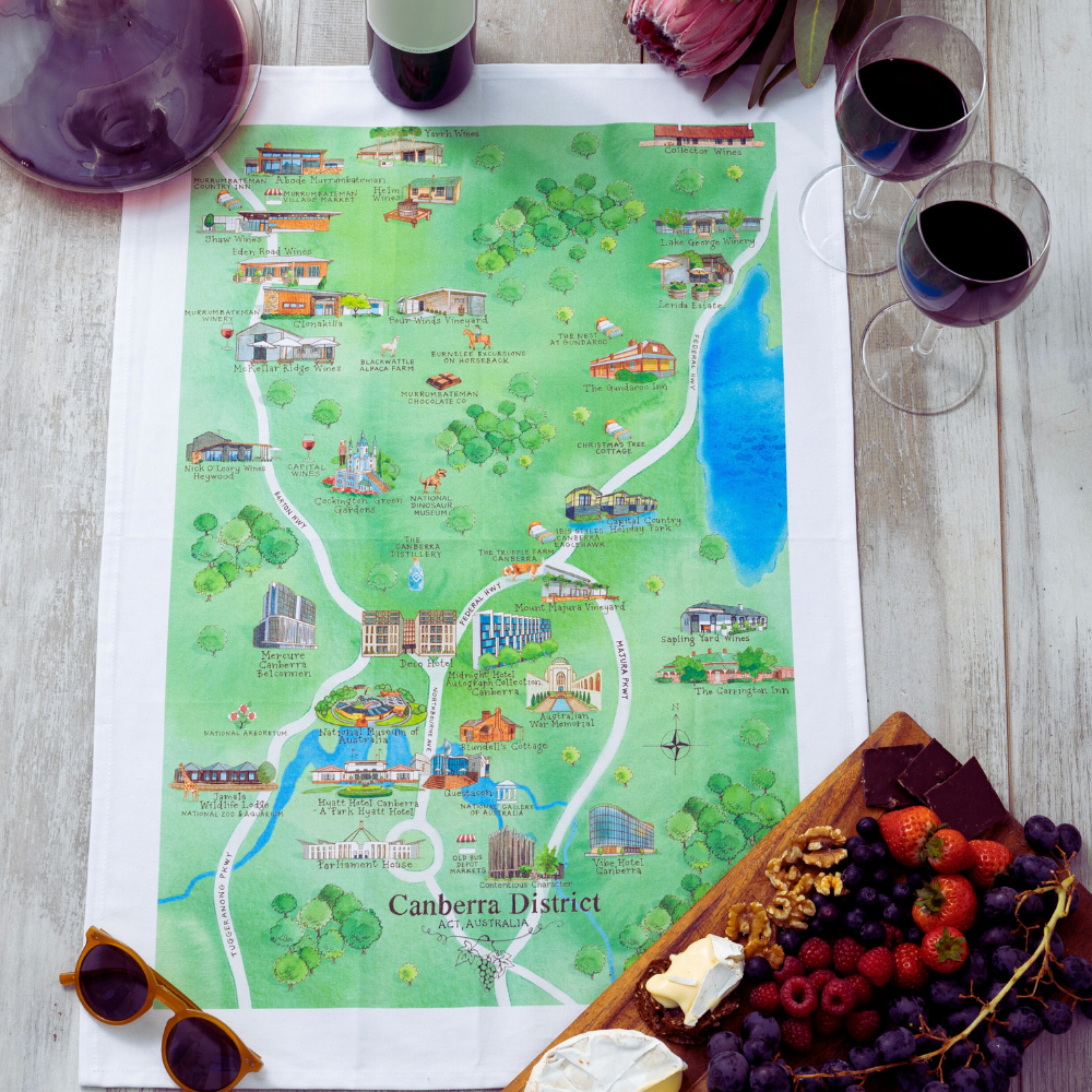 Australian Map Gifts cotton Canberra District wine region map 2.0 tea towel styled