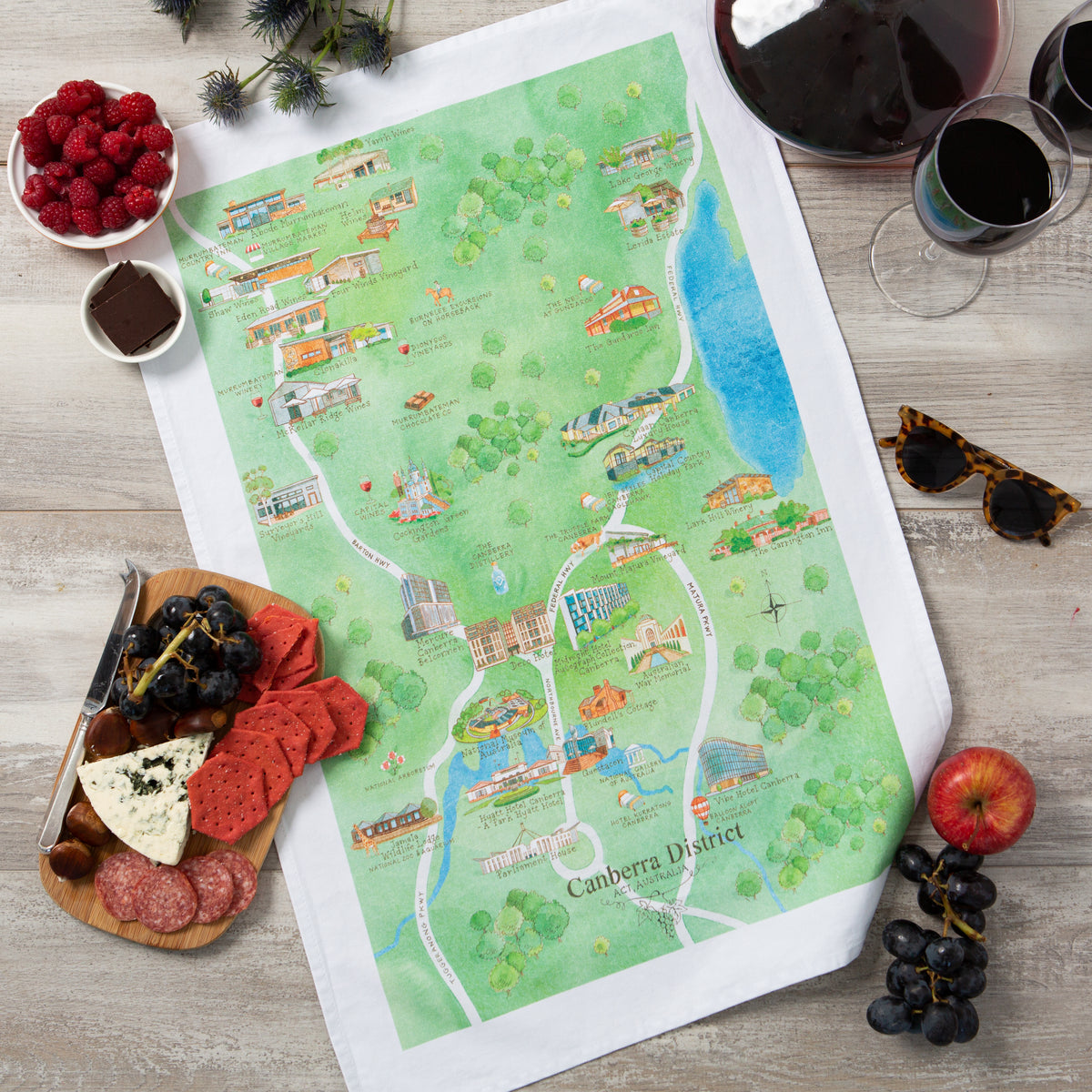 Canberra District wine region map cotton tea towel styled