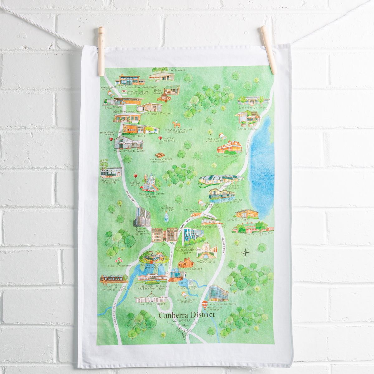 Canberra District wine region map cotton tea towel on wall