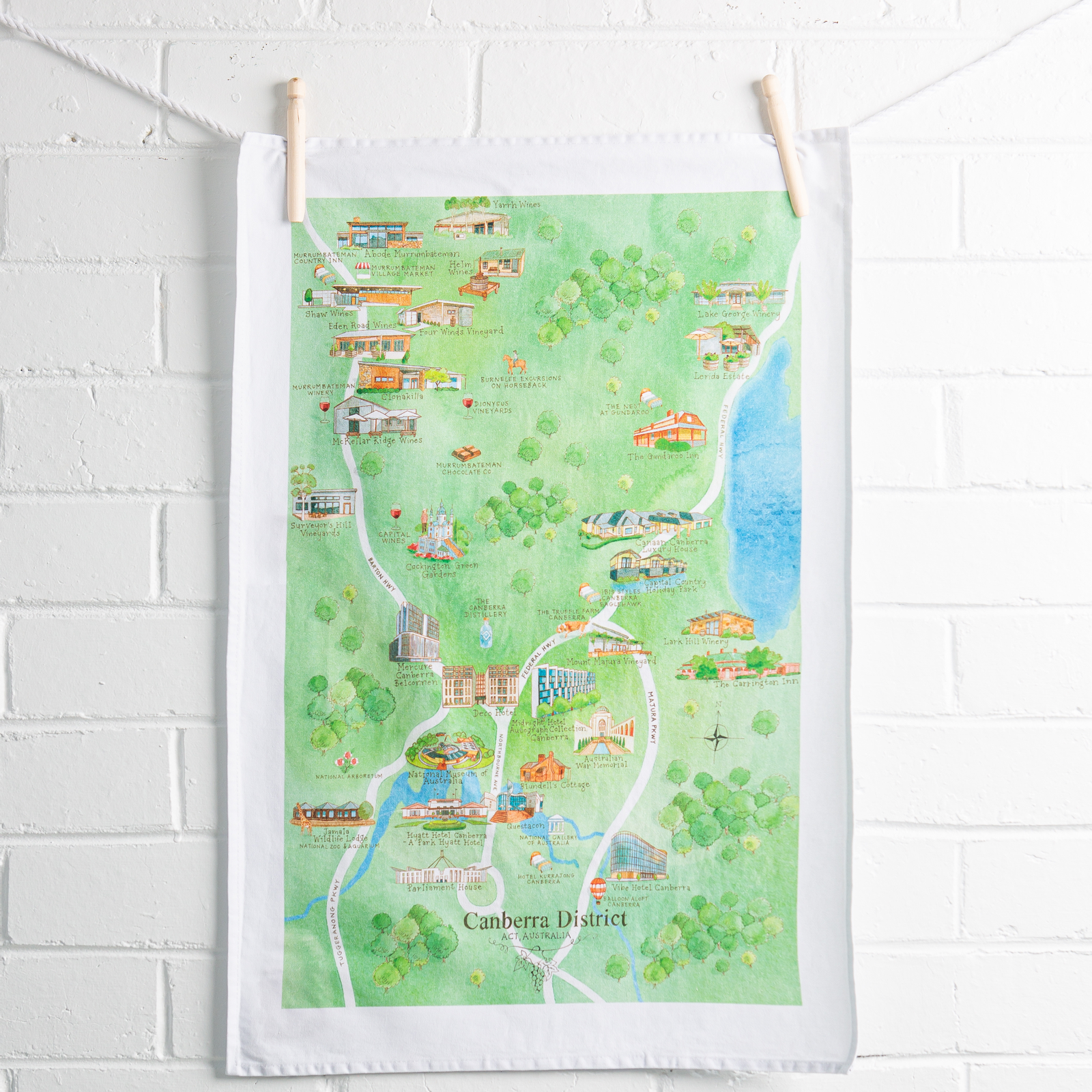 Canberra District wine region map cotton tea towel on wall