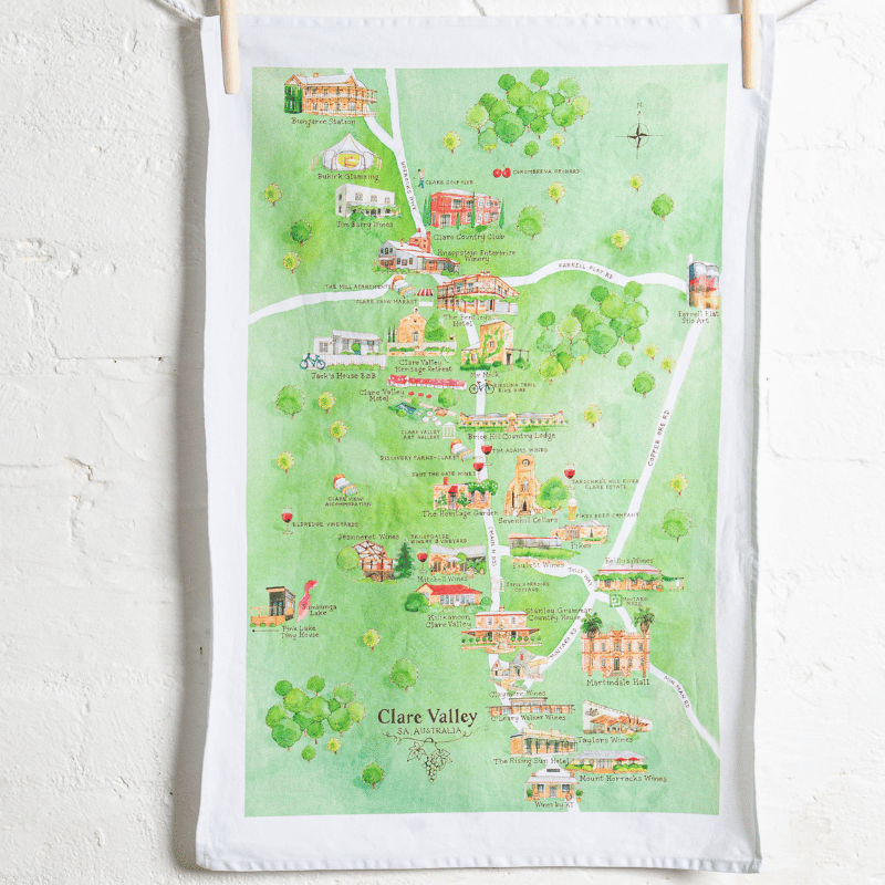 Clare Valley wine region tea towel hanging on wall