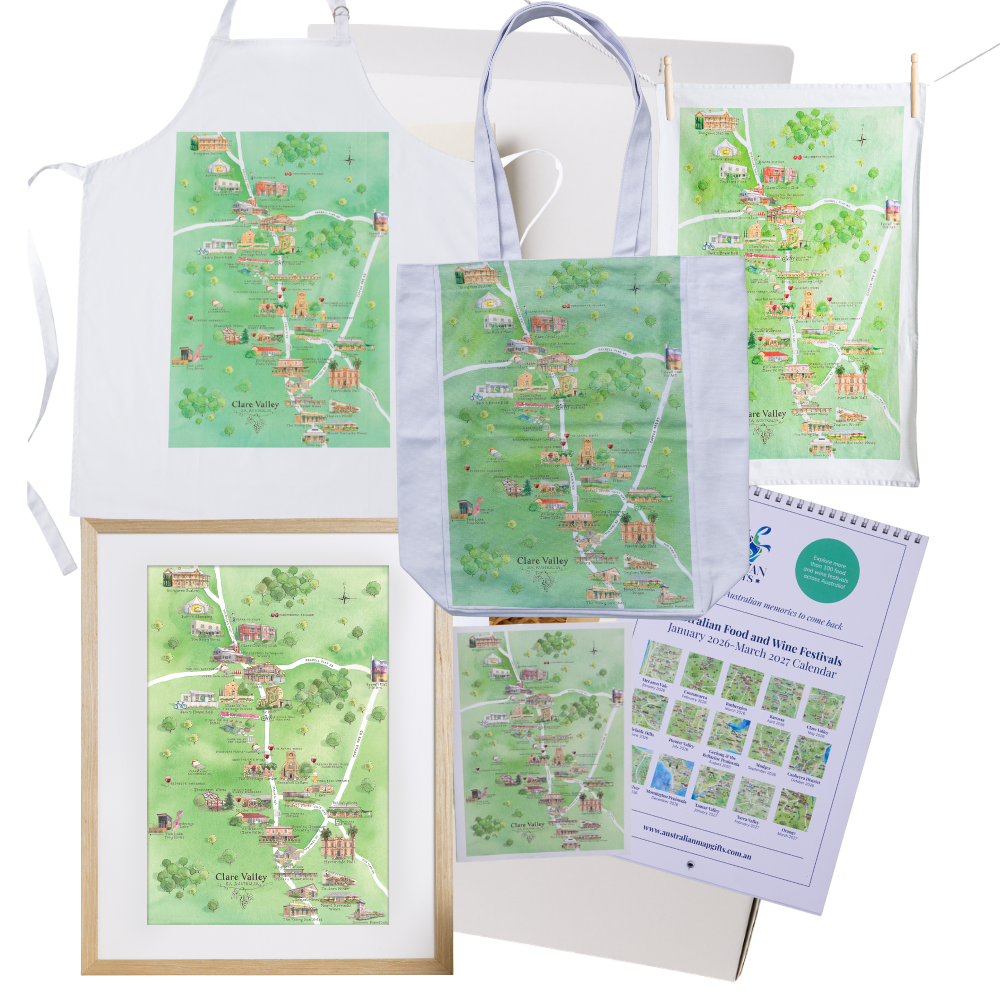 Clare Valley DIY gift box with apron, tea towel, A4 print, greeting card, tote bag and Australian Food & Wine Festivals Calendar