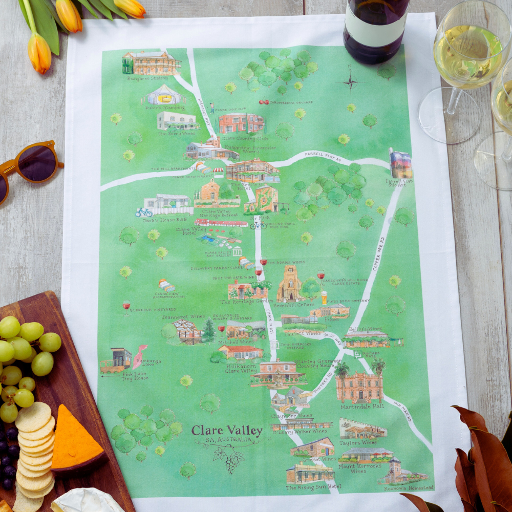 Australian Map Gifts cotton Clare Valley 2.0 wine region map tea towel styled