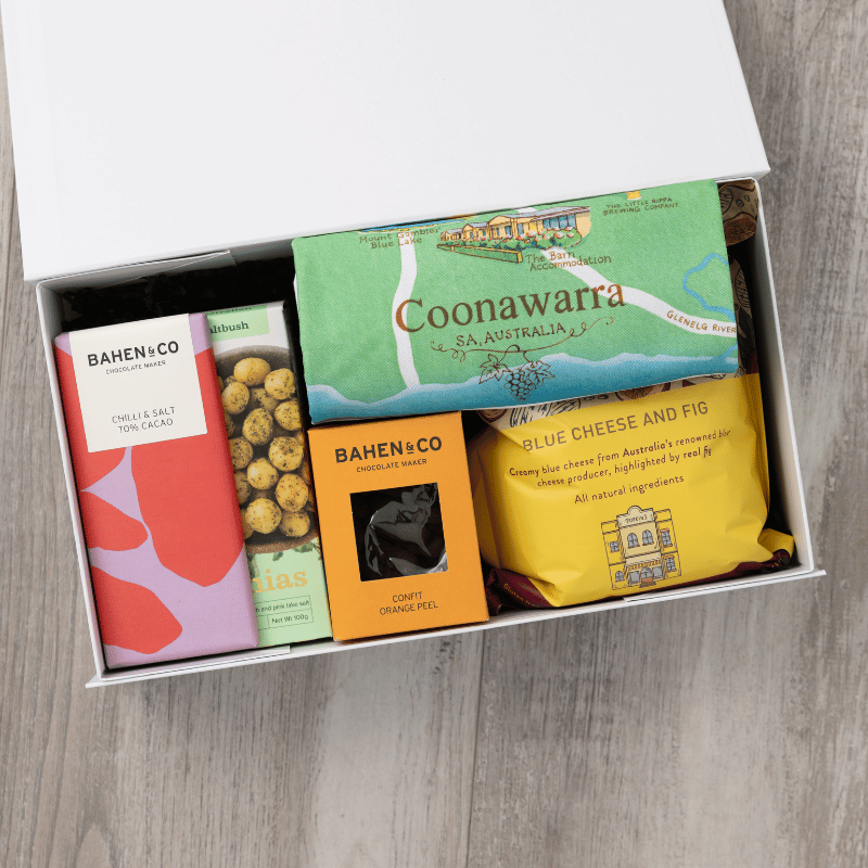 Gourmet popcorn, artisanal chocolate, hand-roasted macadamias, plus a watercolour-illustrated map cotton tea towel of the Coonawarra and matching greeting card in a gift hamper with free delivery