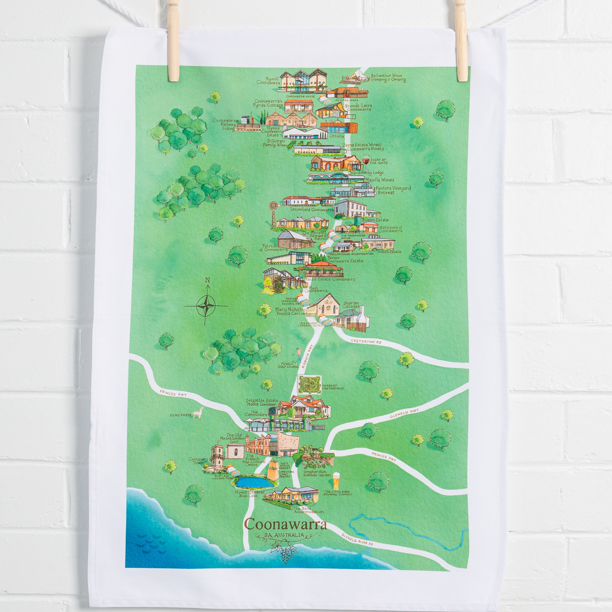 Coonawarra wine region map tea towel on wall