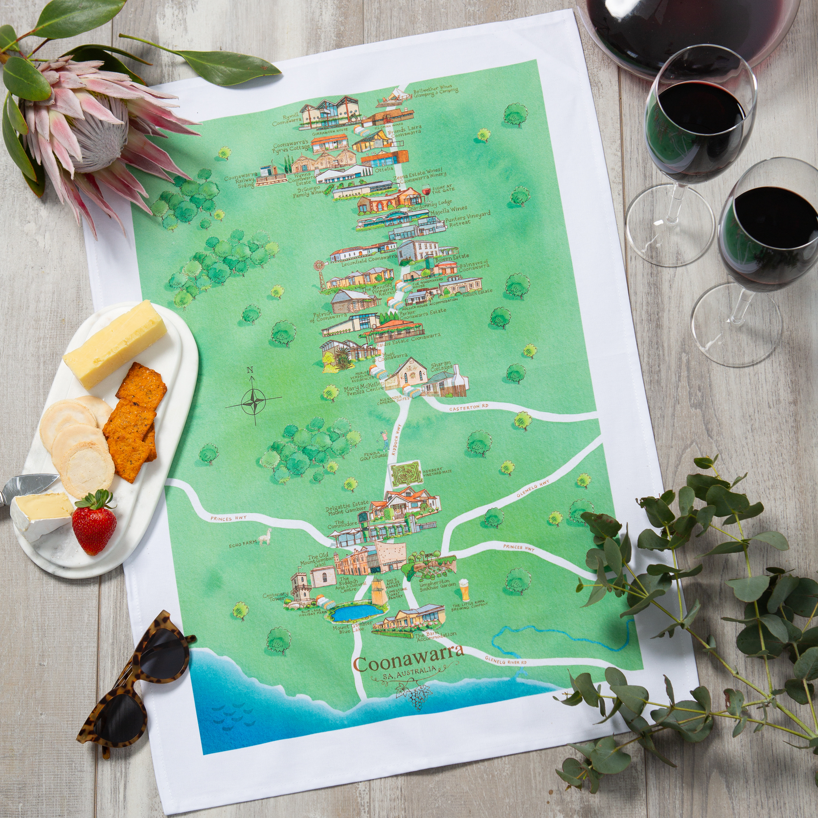 Coonawarra wine region map tea towel styled on counter