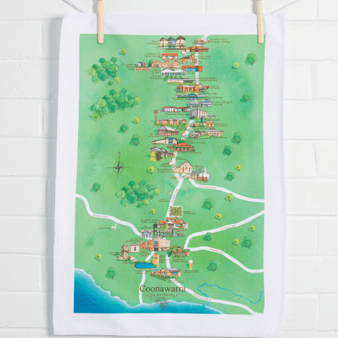 Coonawarra wine region map tea towel suspended on wall