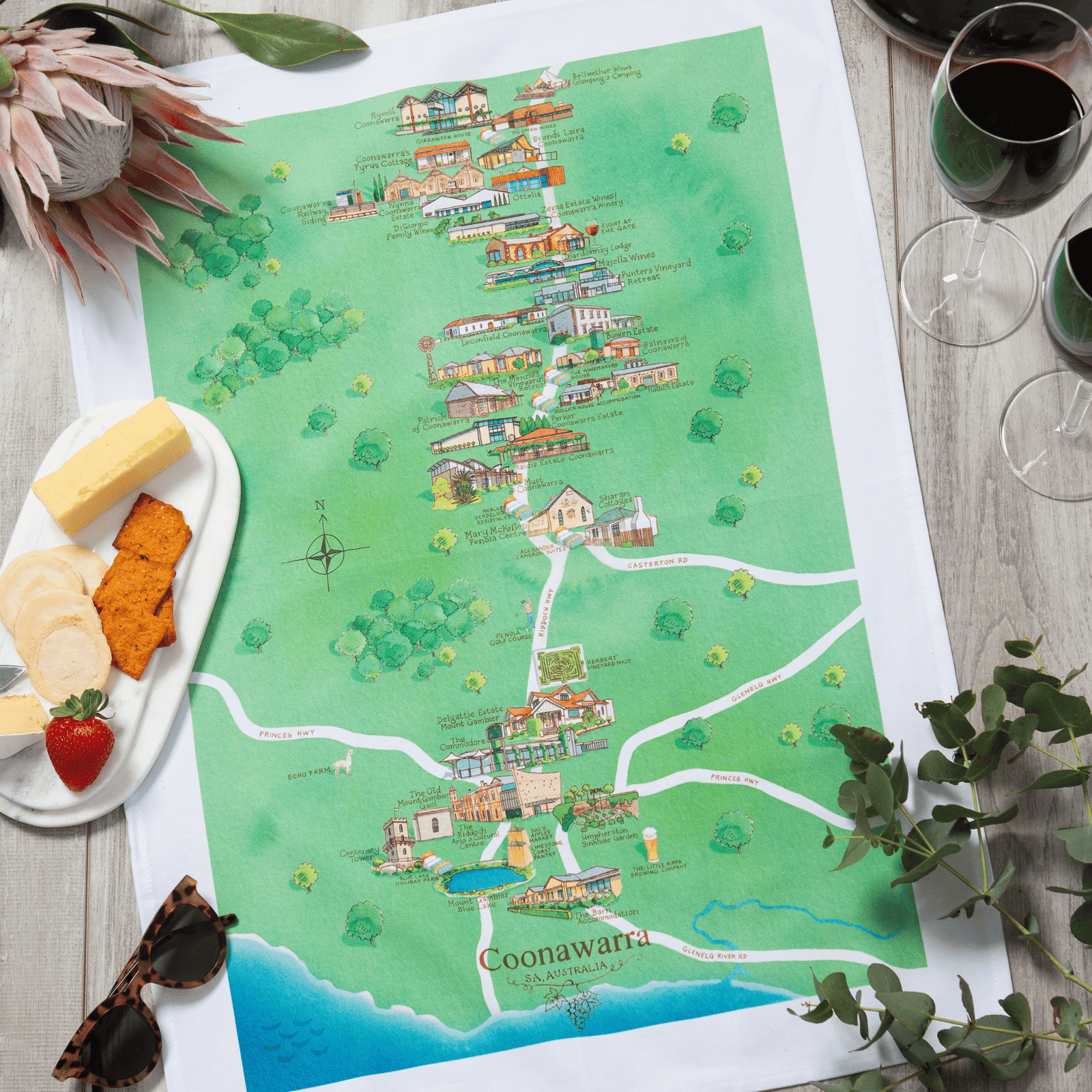 Coonawarra wineries tea towel styled 2000x2000