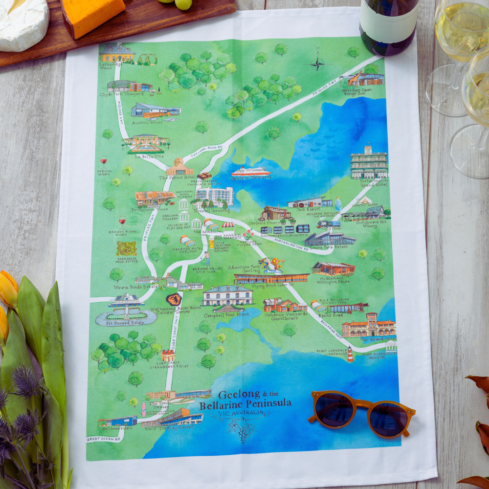 Geelong & the Bellarine Peninsula wine region tea towel hanging styled