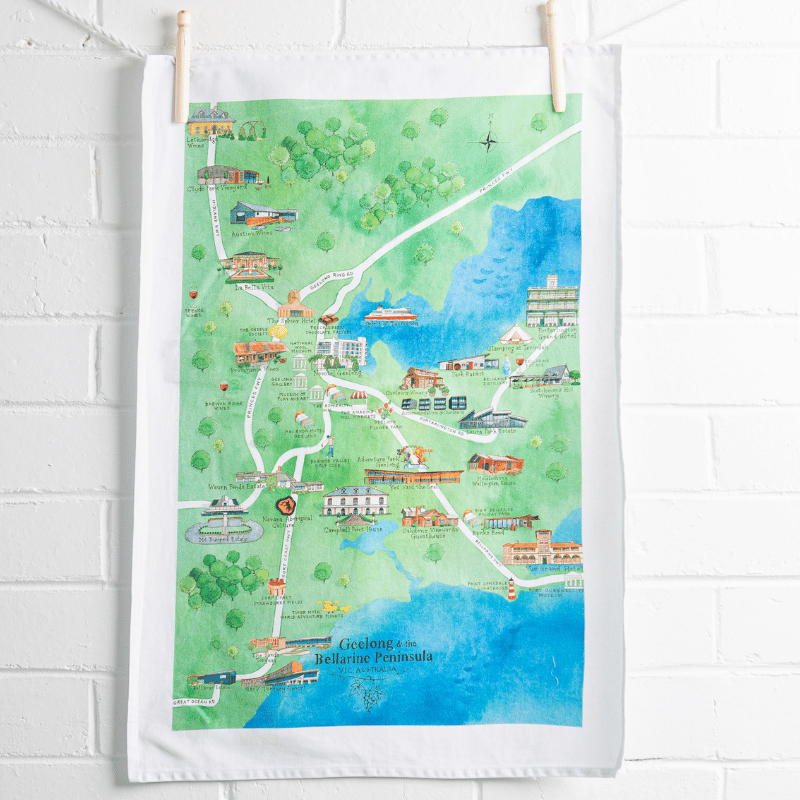 Geelong & the Bellarine Peninsula wine region tea towel hanging on wall